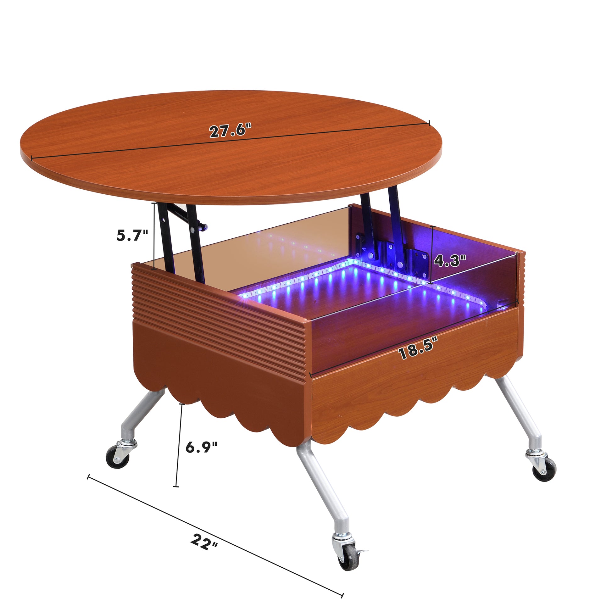 Round Lift Top Coffee Table With Wheels, Metal Frame And Multi Color Lighting In 27.6" Mahogany Glass,Mdf Metal