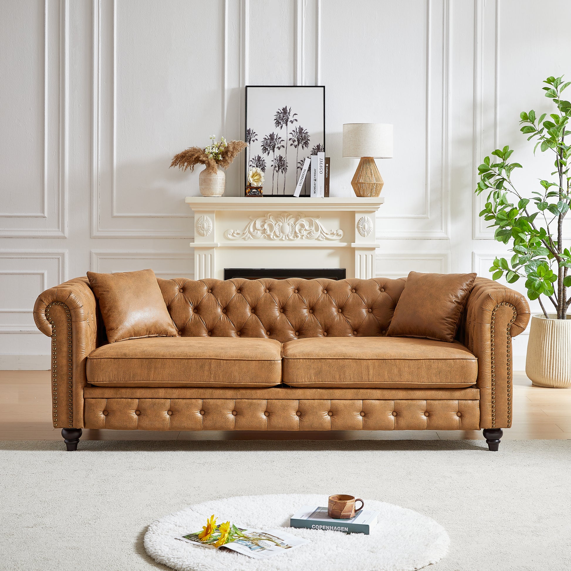 Fx 85.5"Living Room With Tech Fabric Chesterfield Sofa With Rolled Arms 3 Seater Sofa With Button Design And 2 Cushions For Apartment, Office, Living Room Brown Polyester Wood Primary Living Space Pine Foam Fabric 3 Seat