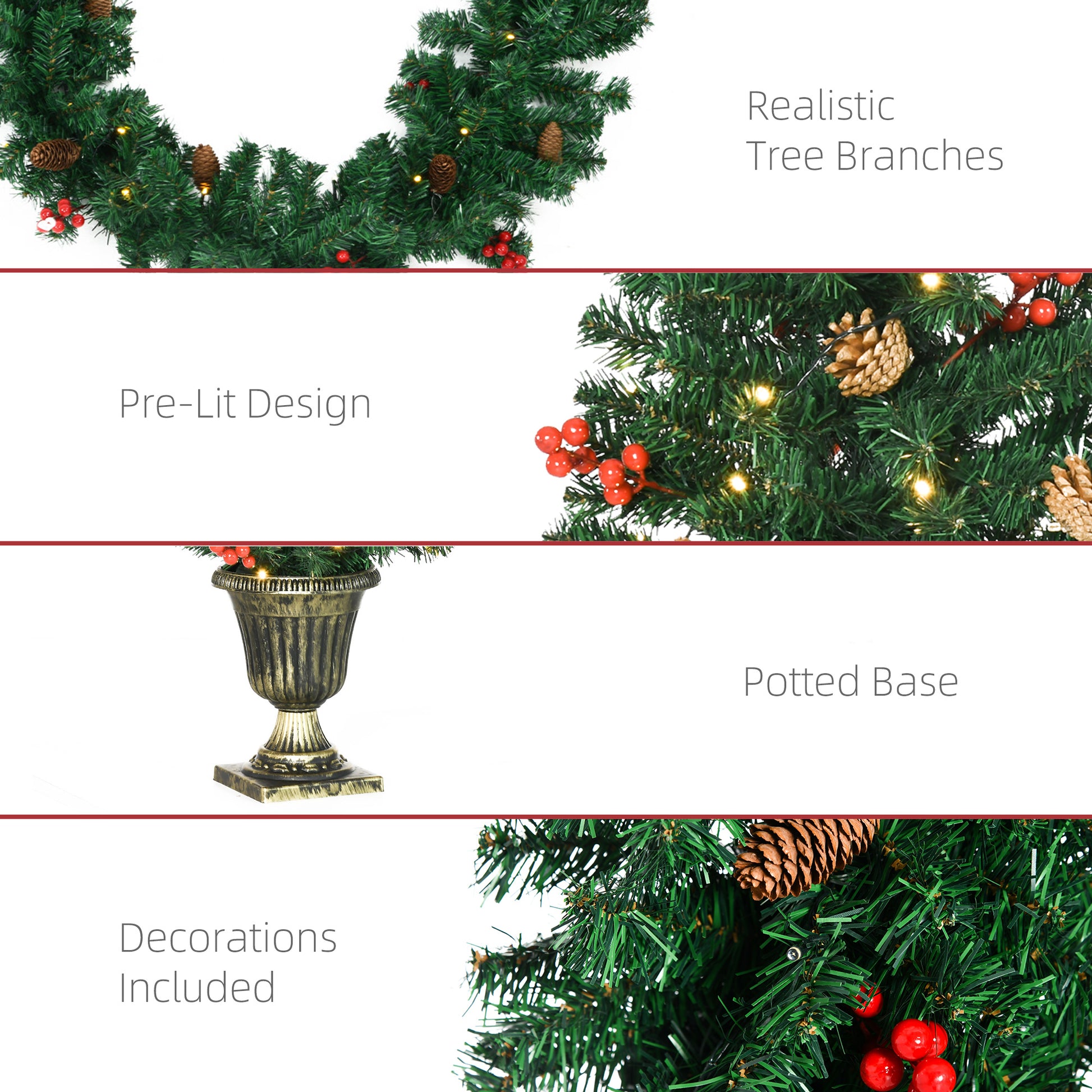 Homcom Prelit Holiday Christmas 4 Piece Set, Garland Wreath And Set Of 2 Entrance Trees With Warm White Led Lights, Red Berries, Pine Cones, Green Green Plastic