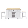 K&K 53Inch Large Kitchen Island With 2 Bar Stools, Power Outlet,Door Internal Storage Rack, Kitchen Storage Cart On 5 Wheels With Drop Leaf, 5 Open Side Racks, 3 Drawers, For Kitchen,Dining
