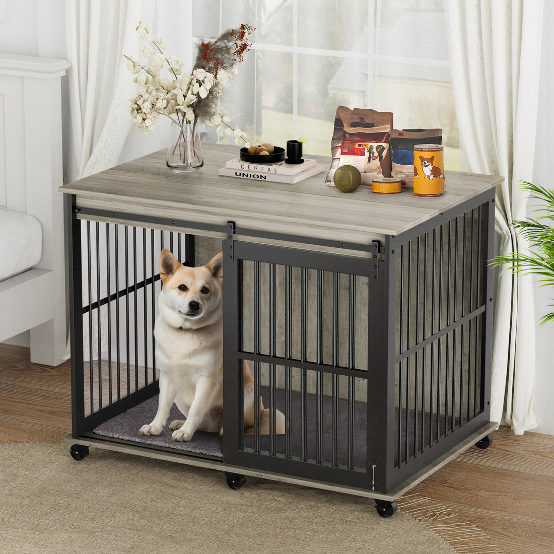 Furniture Dog Crate Sliding Iron Door Dog Crate With Mat. Grey,43.7''W X 30''D X 33.7''H Grey Dog Particle Board