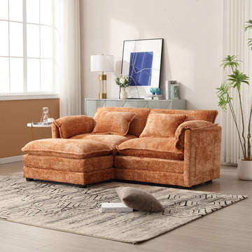 United We Win Chenille Fabric, Removable Armrests With Side Pockets, High Density Sponge Filling, Oversized Double Sofa With Footstool Orange Chenille 2 Seat