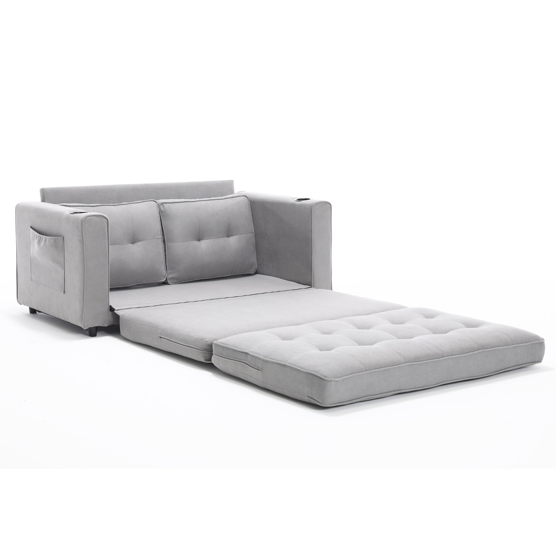 3 In 1 Upholstered Futon Sofa Convertible Sofa Bed,Foldable Tufted Loveseat With Pull Out Sleeper Couch Bed,Folding Mattres Beautiful Seat Daybed W Side Pockets And Cup Holder, Light Gray Light Gray Foam Fabric