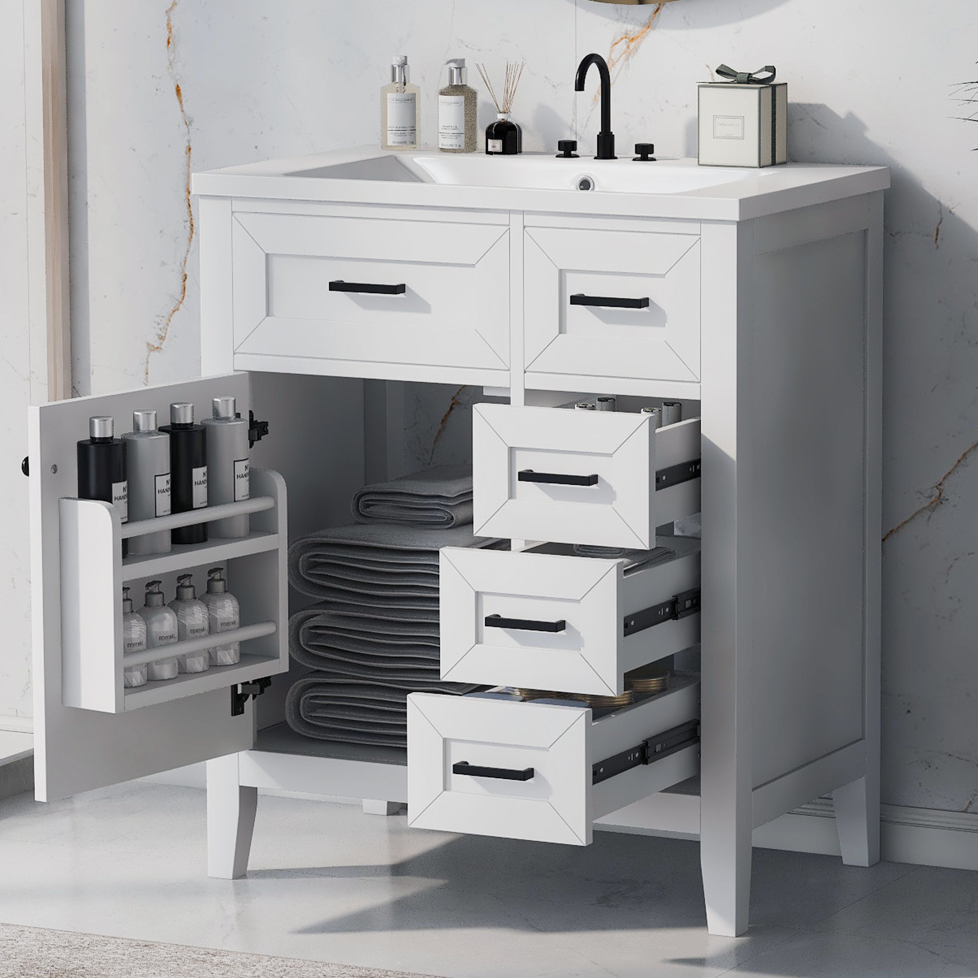 30" Bathroom Vanity With Sink Combo, White Bathroom Cabinet With Drawers, Solid Frame And Mdf Board Old Sku:N725S999222K White Solid Wood Mdf