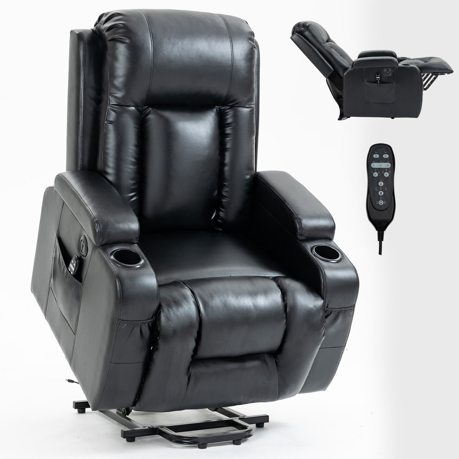 Infinite Position Up To 350 Lbs Power Lift Recliner Chair For Elderly, Heavy Duty Motion Mechanism With 8 Point Vibration Massage And Lumbar Heating, Usb Charging Port, Cup Holders, Black White Metal Primary Living Space Heavy Duty Pine Black Faux