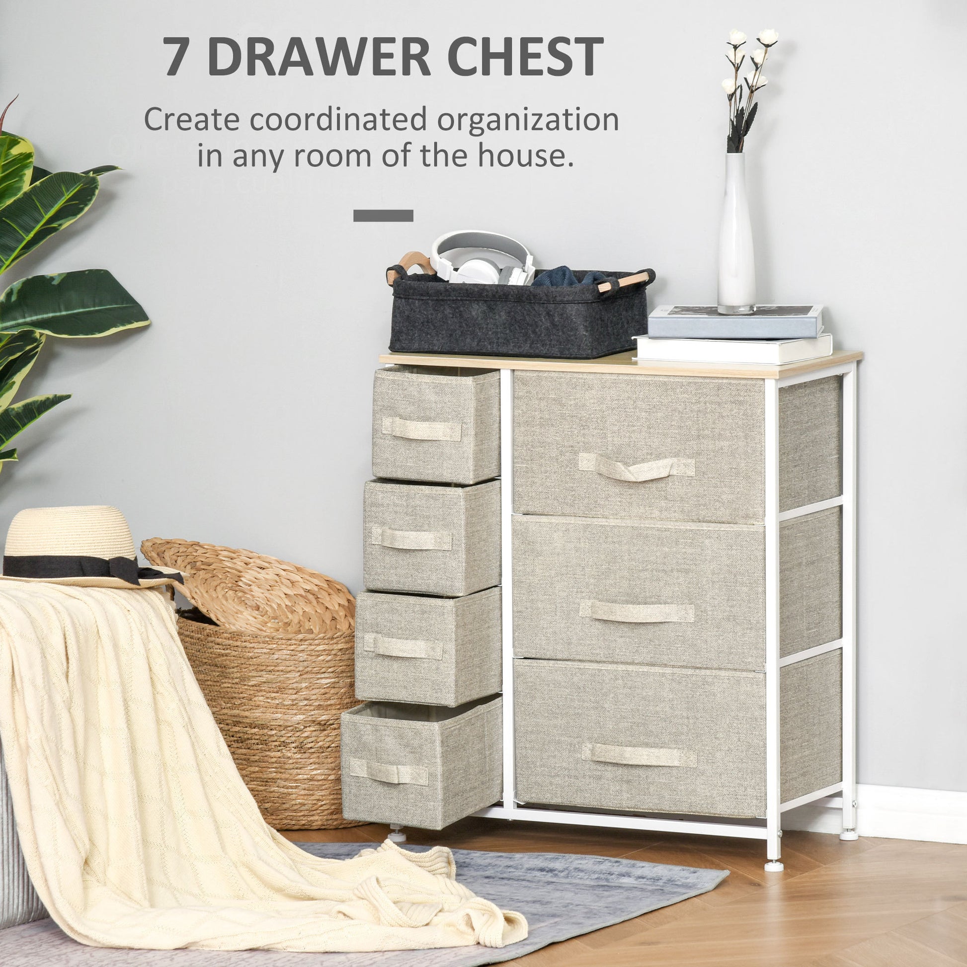 Homcom 7 Drawer Dresser Storage Tower Cabinet Organizer Unit, Easy Pull Fabric Bins With Metal Frame For Bedroom, Closets, Light Gray Light Gray Metal