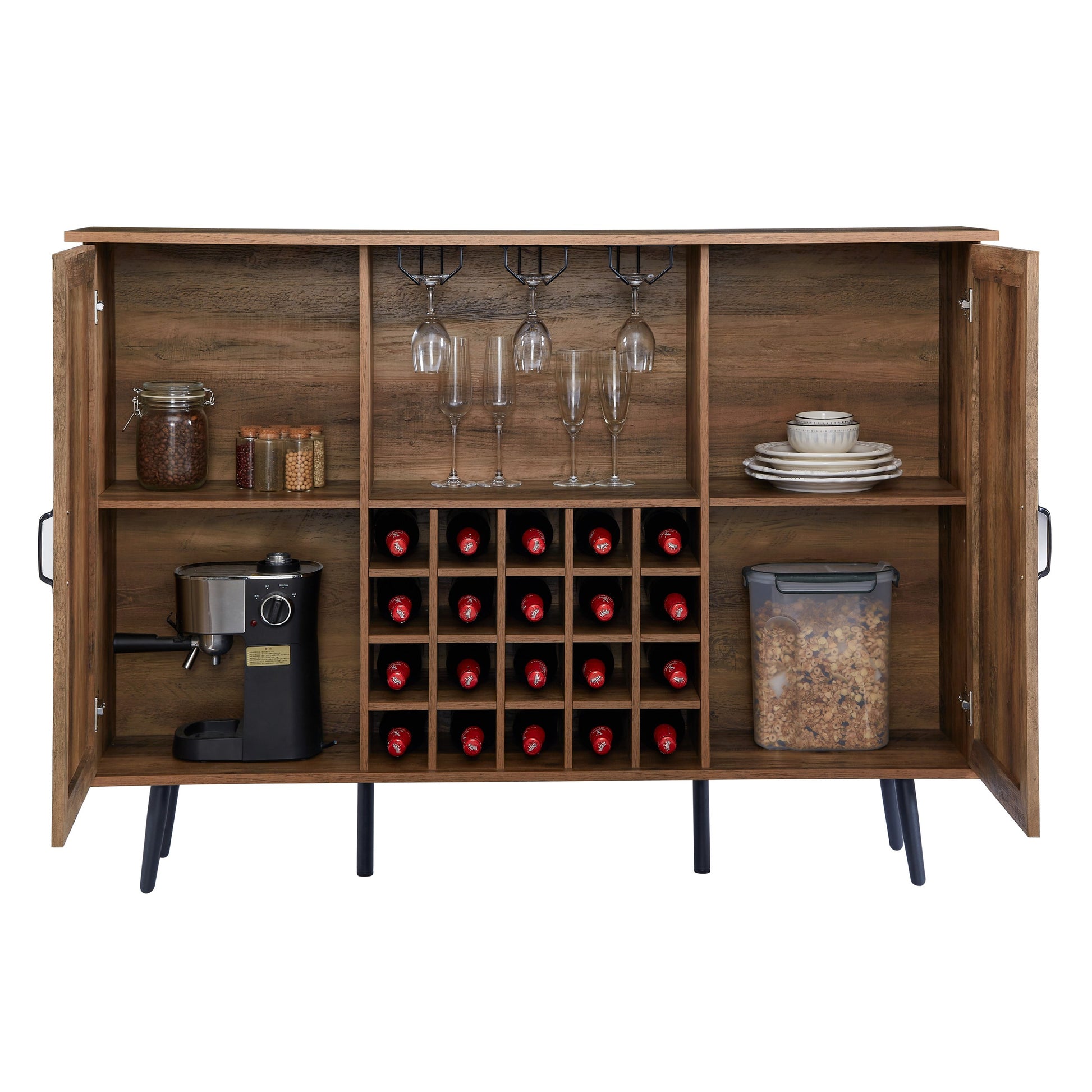 Oak Color Faux Rattan Barn Door Wine Cabinet With Wine Rack And Wine Glass Rack, Double Door Design With Removable Shelves, Rustic Wood Storage Cabinet Oak Particle Board Mdf