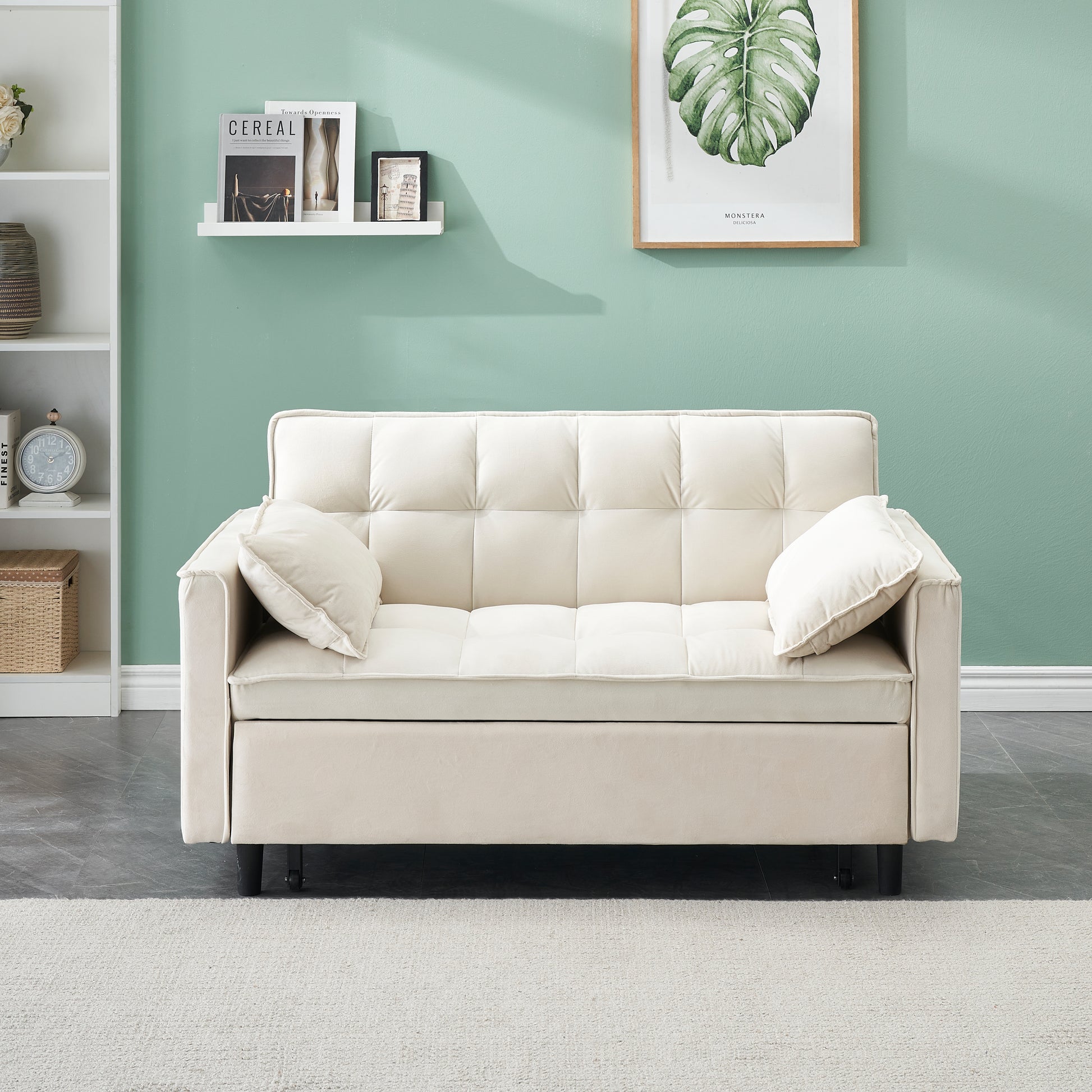 Modern Velvet Sofa, Sofa Pull Out Bed, Smallseat Casual Sofa With Back, With Pillow, Pockets, Living Room Furniture, 3 In 1 Convertible Sleep Sofa Bed. Beige Velvet 2 Seat
