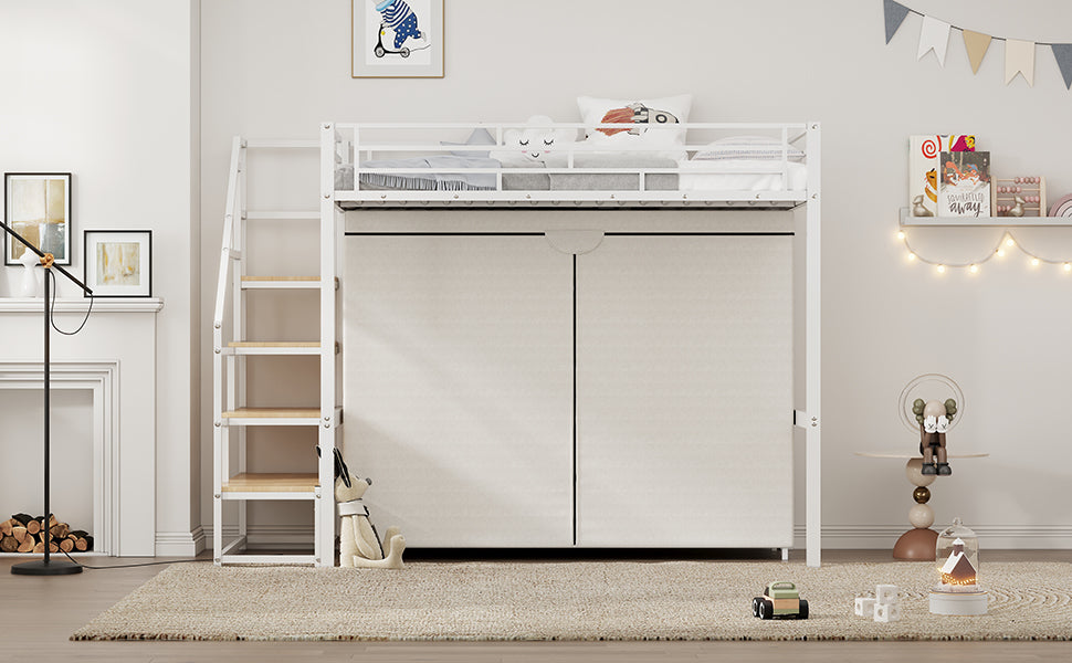 Twin Size Metal Loft Bed With Wardrobe And Storage Shelves, White Box Spring Not Required Twin White Metal Mdf Metal