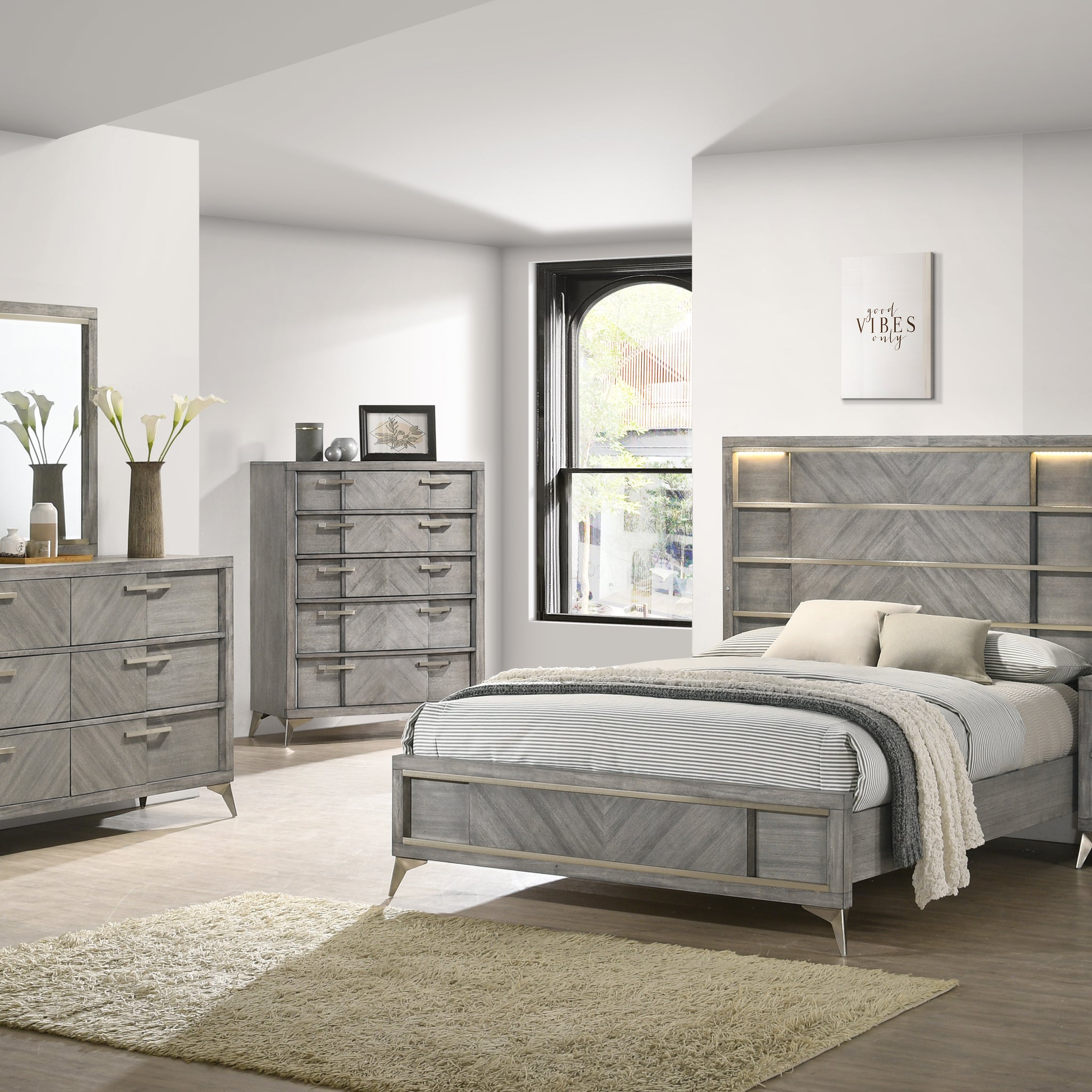 Gray Stoage Bed W Bookmatched Veneer Gray Solid Wood Mdf