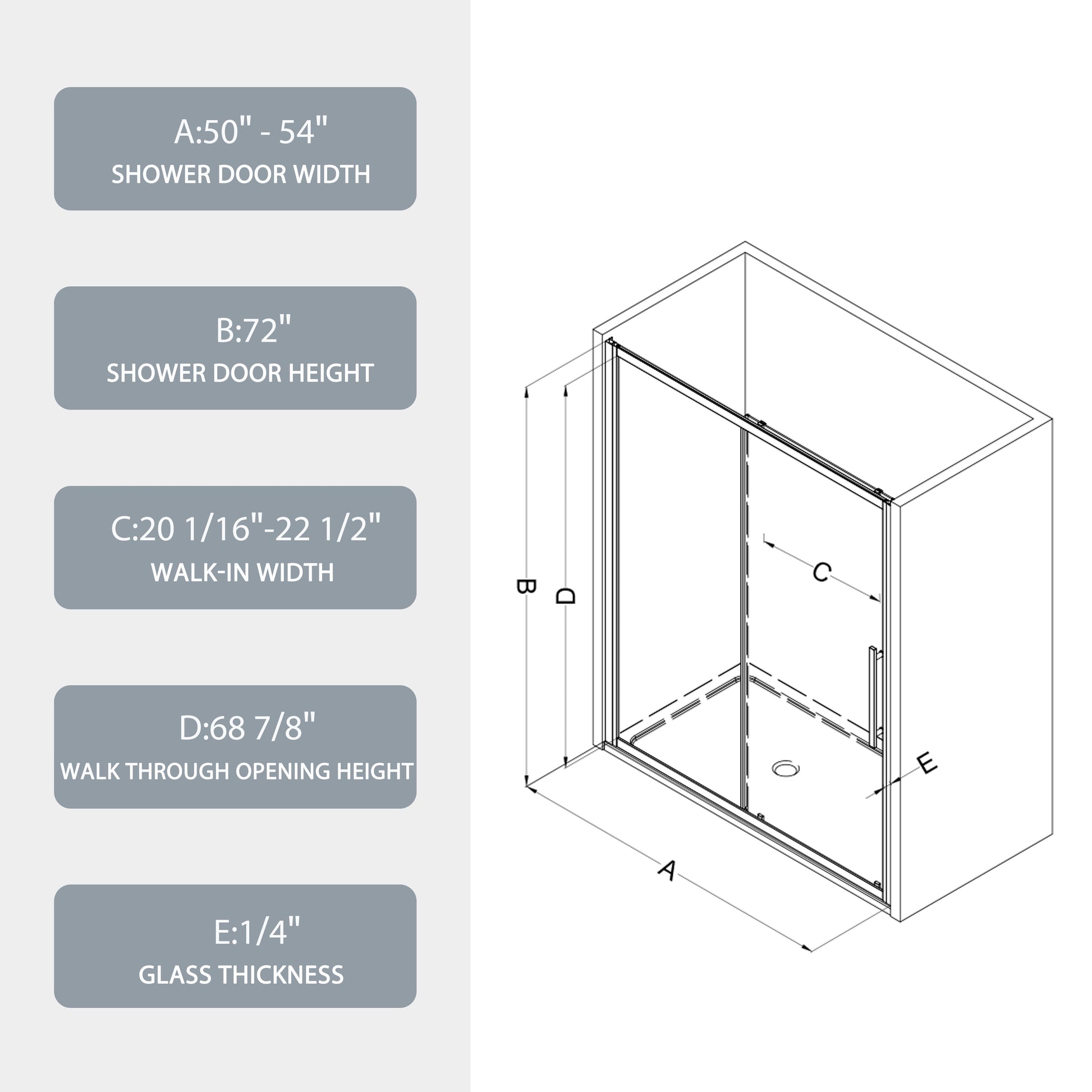 50" 54"W X 72"H Sliding Shower Door, Sliding Door, With 1 4" Tempered Glass And Polished Chrome Finish 5472 Chrome Bathroom Aluminium Alloy