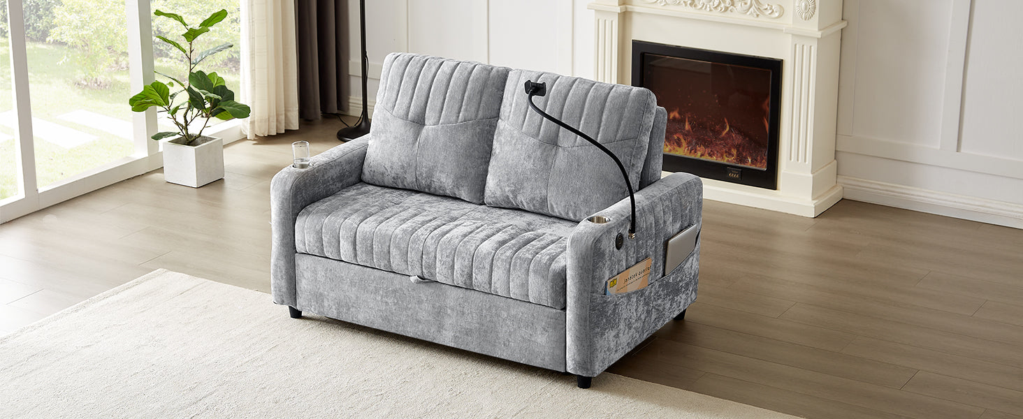 53.9" Modern Loveseat Pull Out Sofa Bed With Adjustable Backrest, Two Cup Holdersa Phone Holder, Three Charging Ports And Side Storage Pockets For Living Room, Grey Grey Foam Chenille