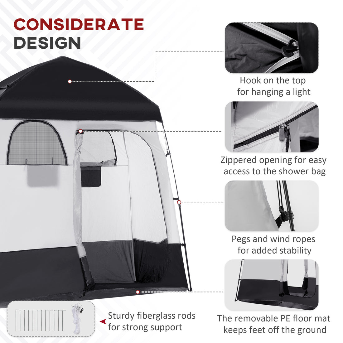 Outsunny Shower Tent, Pop Up Privacy Shelter For Camping, Dressing Changing Room, Portable Instant Outdoor Shower Tent Enclosure W 2 Rooms, Shower Bag, Floor And Carrying Bag, Black Black Taffeta