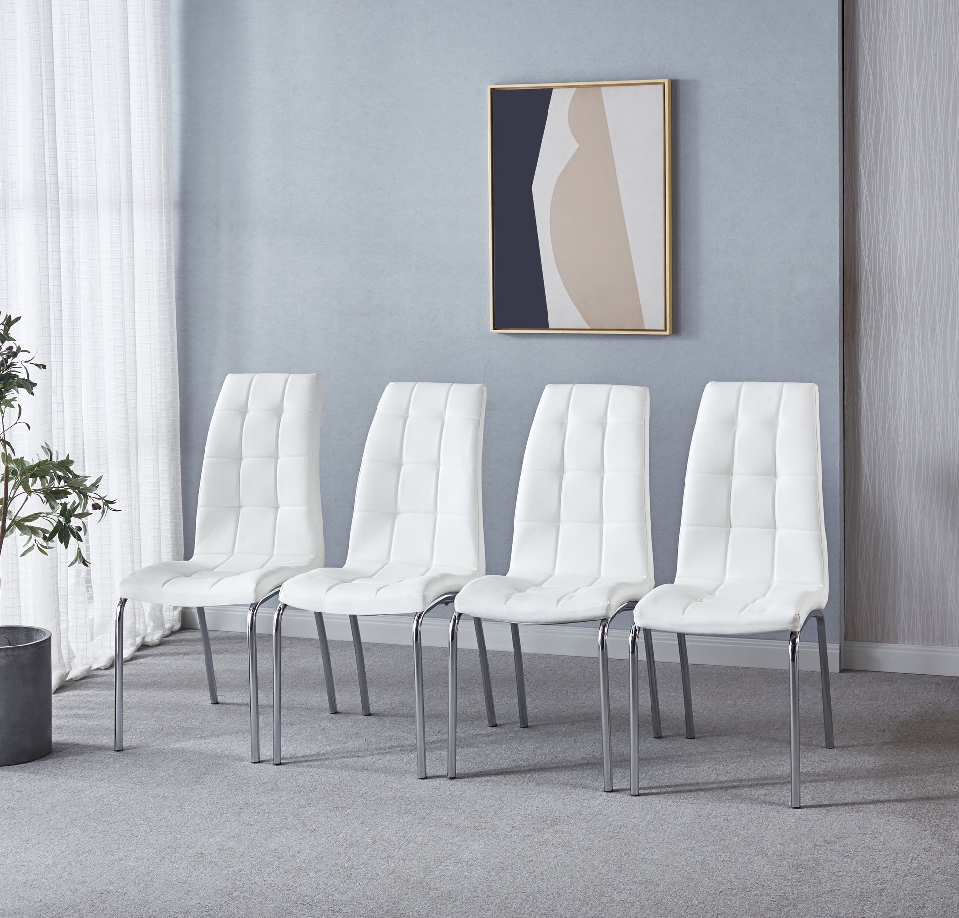 Modern Lattice Designdining Chair With Silver Metal Legs Set Of 4 Silver White Metal