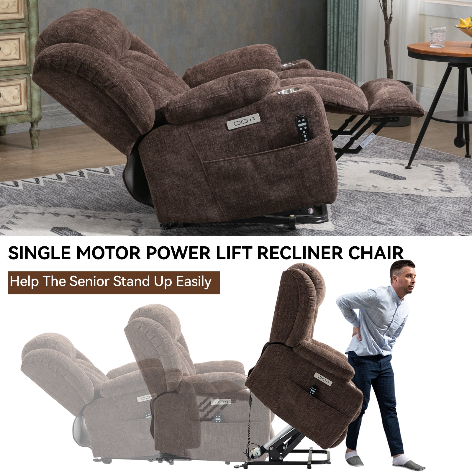 Up To 350 Lbs Chenille Power Lift Recliner Chair, Heavy Duty Motion Mechanism With 8 Point Vibration Massage And Lumbar Heating, Usb And Type C Ports, Stainless Steel Cup Holders, Brown White Metal Primary Living Space Heavy Duty Pine Brown Chenille