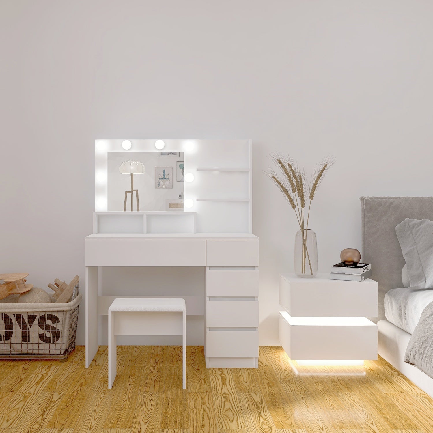 Vanity, Makeup Vanity Desk Set With Mirror & Light, Dressing Table Storage Lots With Power Strip, 3 Lighting Modes With Adjustable Brightness, 37 Inches White With Stool White Drawer 4 Drawers Bedroom Extra Deep Drawers Modern 2 Or Less Mirror Included