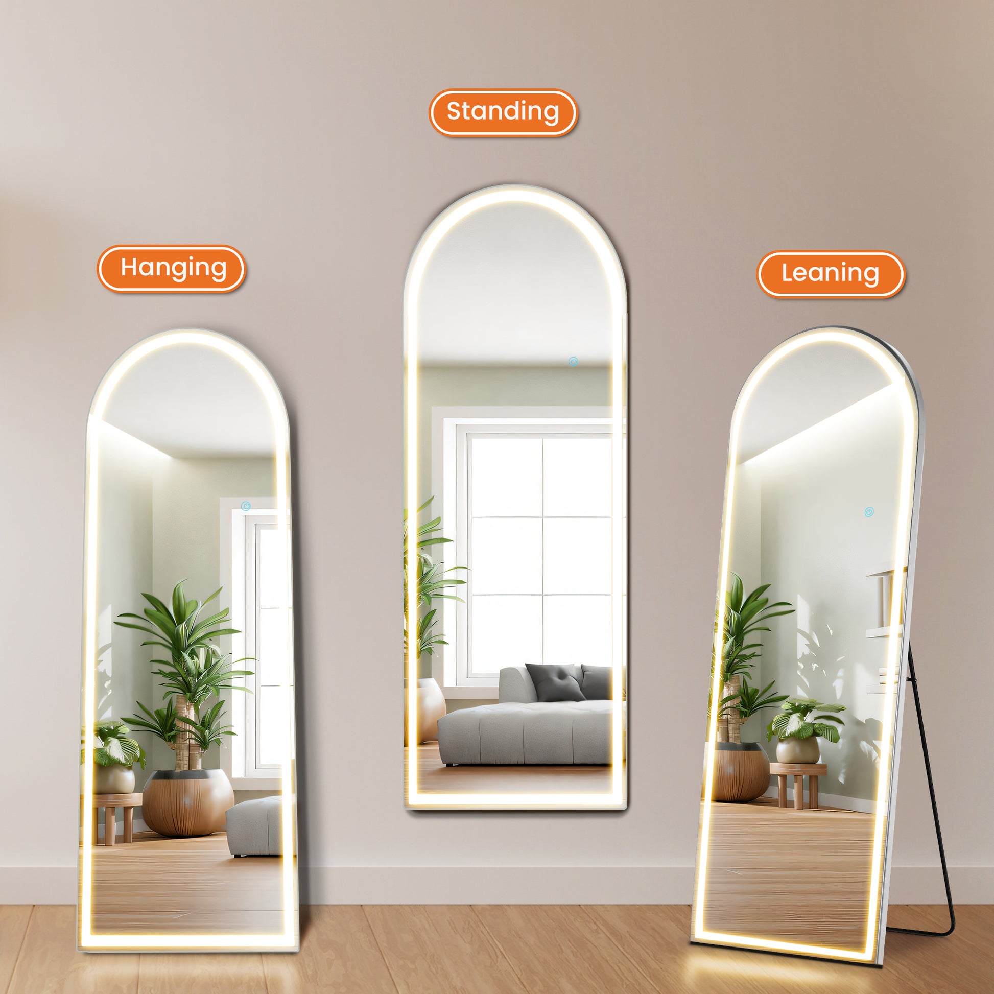 3 Color Lighting Mirror With Led Lights, 63"X20" Lighted Floor Standing Mirror With Stand Black Fiberglass