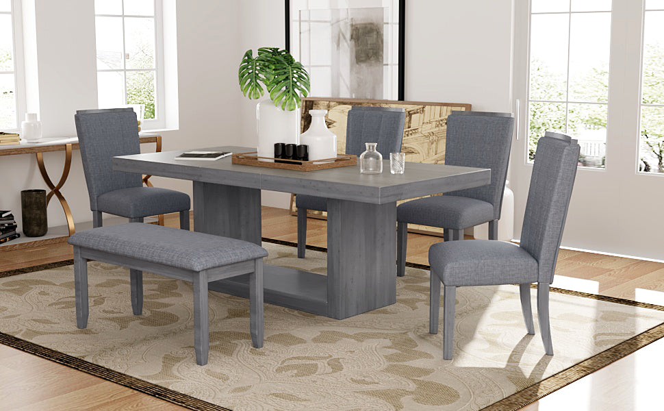 Contemporary 6 Piece 78Inch Extendable Pedestal Dining Table Set With 18Inch Removable Leaf And Dining Bench, 4 Upholstered Dining Chairs, Gray Gray Wood Dining Room Solid Wood Rubberwood Rectangular Dining Table With Chair And Bench Upholstered Chair