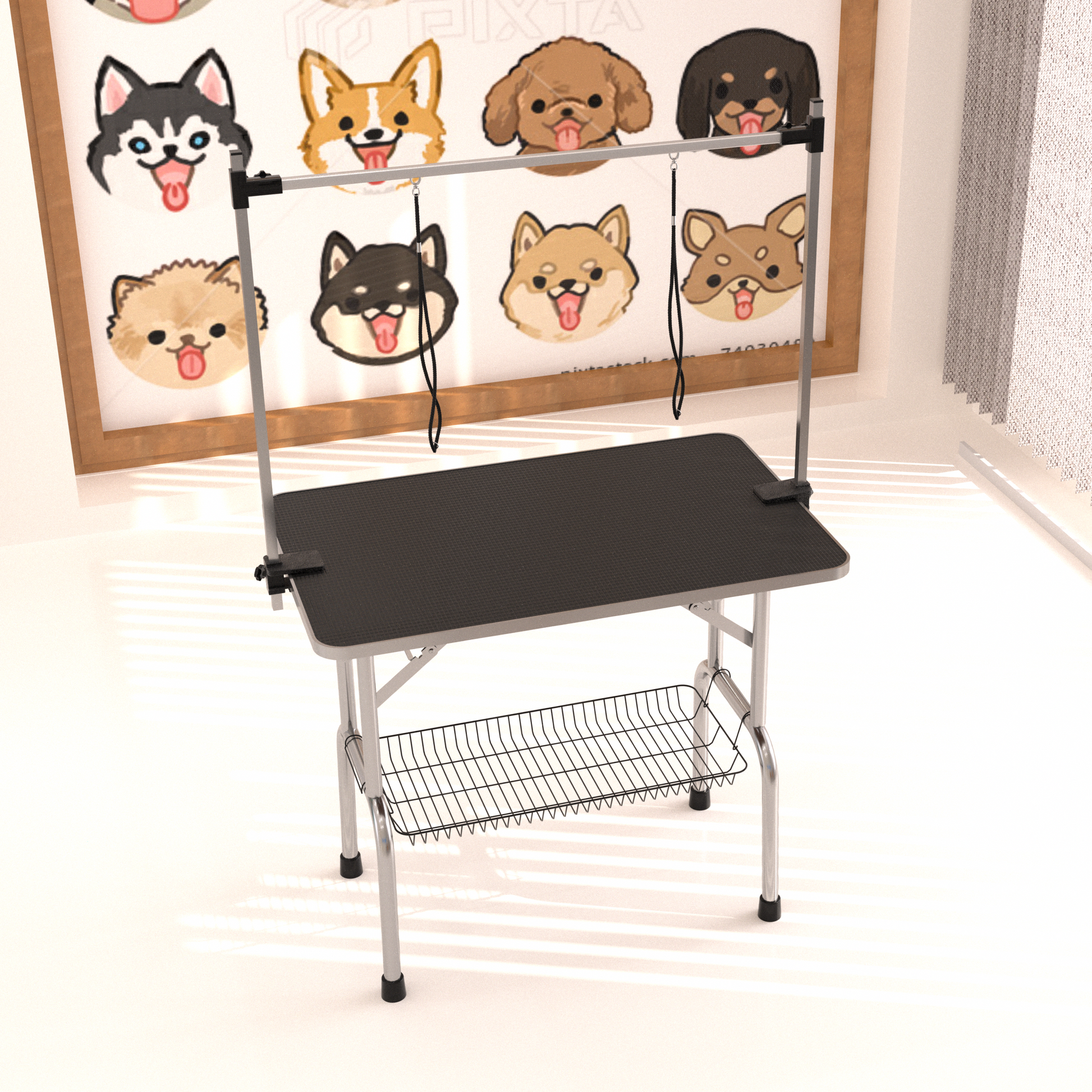 Professional Dog Pet Grooming Table Large Adjustable Heavy Duty Portable W Arm & Noose & Mesh Tray Black Stainless Steel