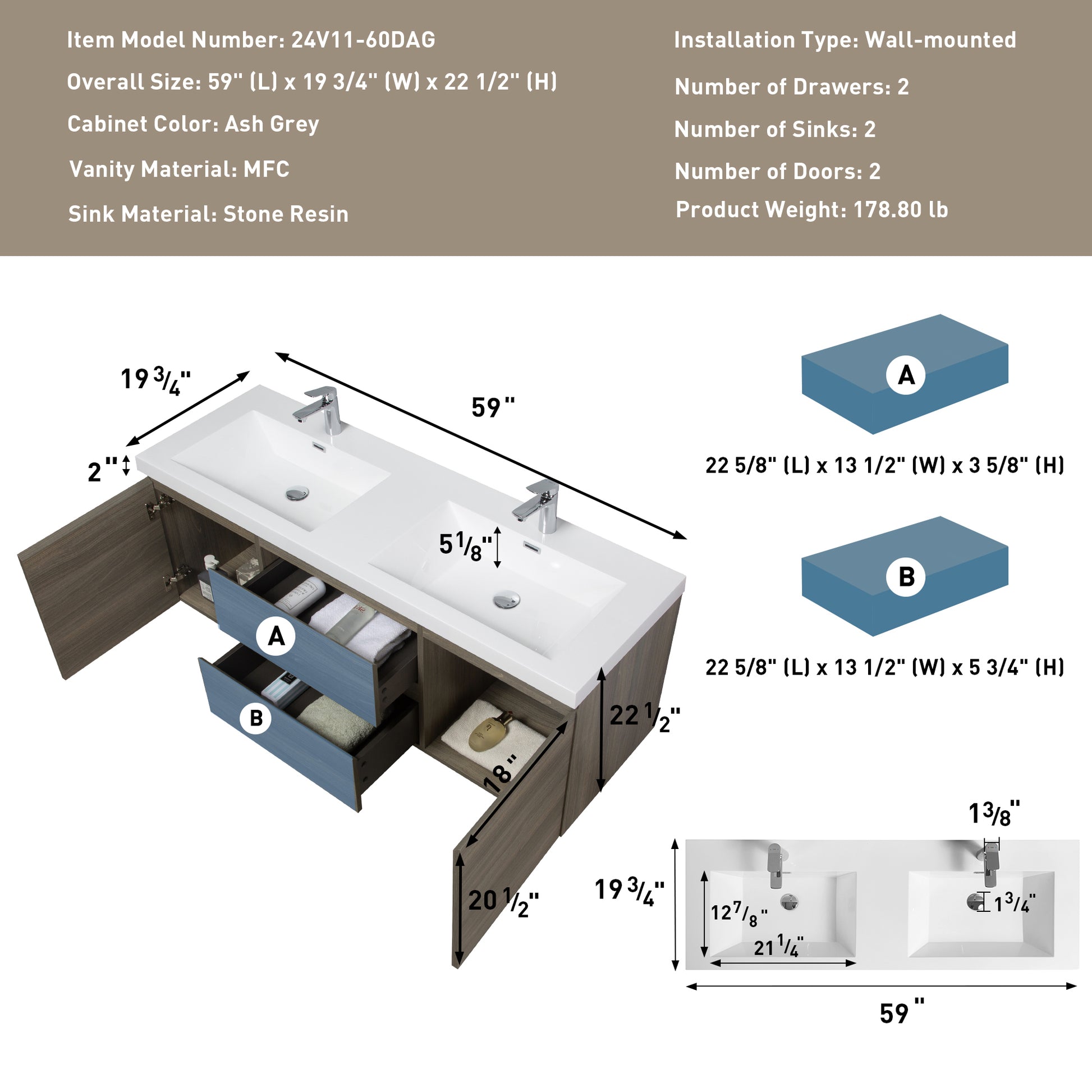 60" Floating Bathroom Vanity With Sink, Modern Wall Mounted Bathroom Storage Vanity Cabinet With Double Resin Top Basins And Soft Close Drawers, Ash Grey 24V11 60Dag 2 Grey 2 Bathroom Wall Mounted Plywood