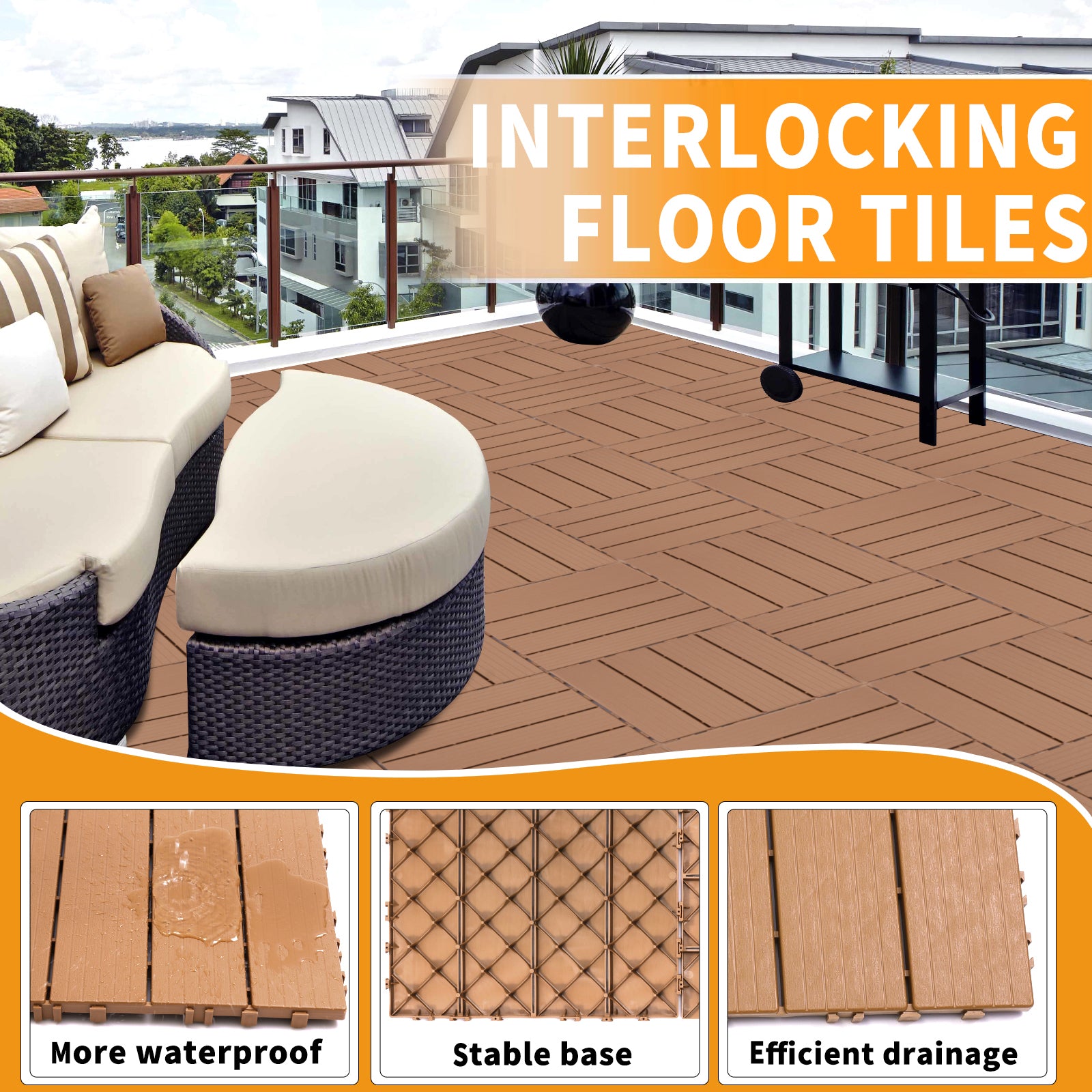 Plastic Interlocking Deck Tiles, 11.8"X11.8" Pack Of 44 , Patio Flooring Outdoor Waterproof All Weather Use For Garden Poolside Front Back Yard, Burlywood Burly Wood Plastic