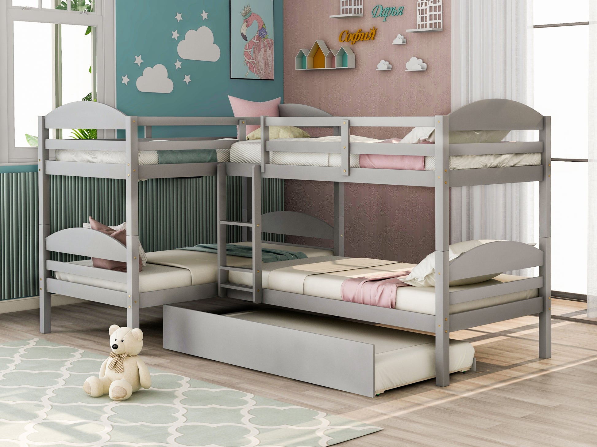 Twin L Shaped Bunk Bed With Trundle Gray Old Sku:Lp000024Aae Gray Solid Wood