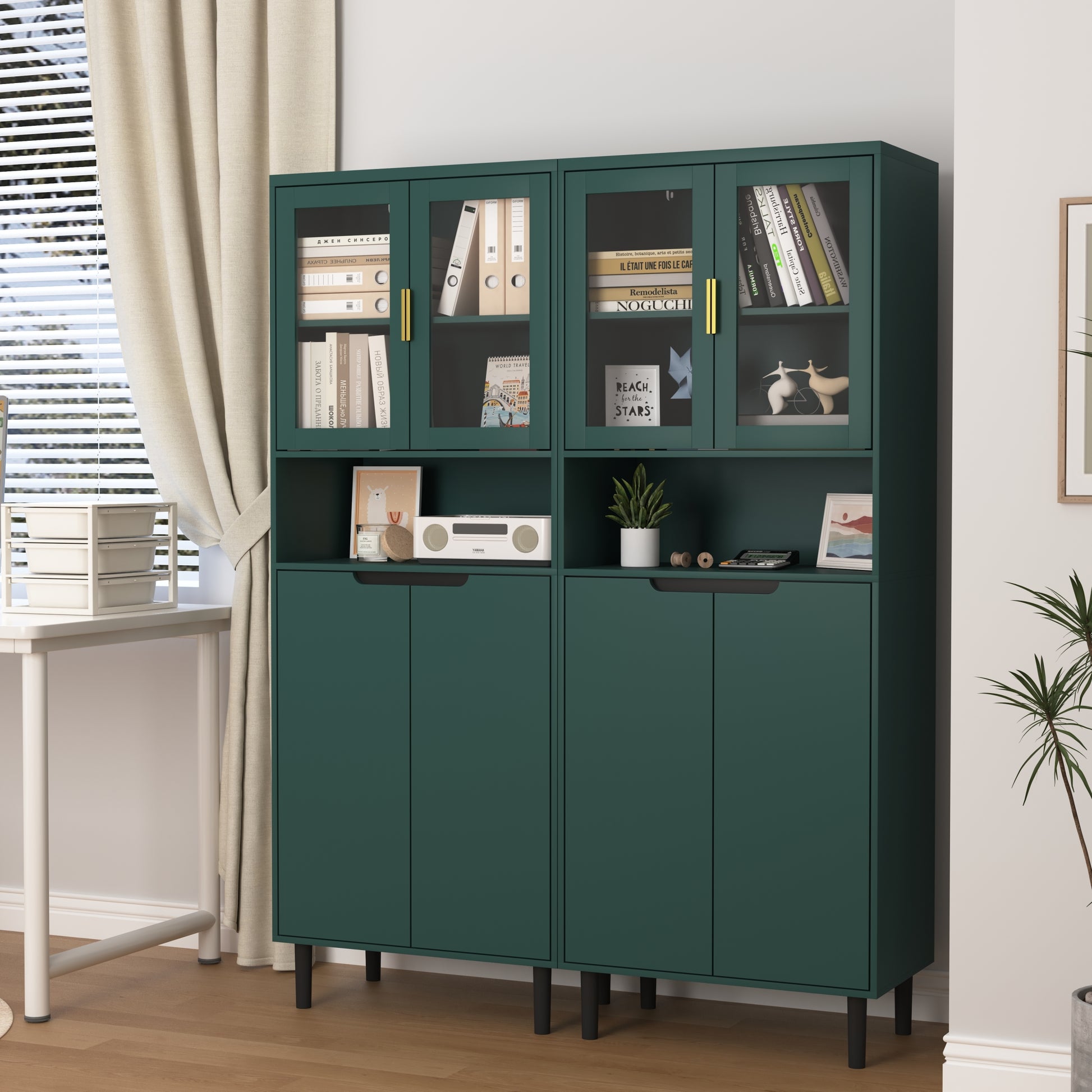 Tall Storage Show Cabinet With 2 Glass Display Door & 2 Doors, Tall Kitchen Pantry Cabinet With Gold Handles, Modern Cabinet Freestanding For Bathroom, Dining Living Room, Green Green Mdf