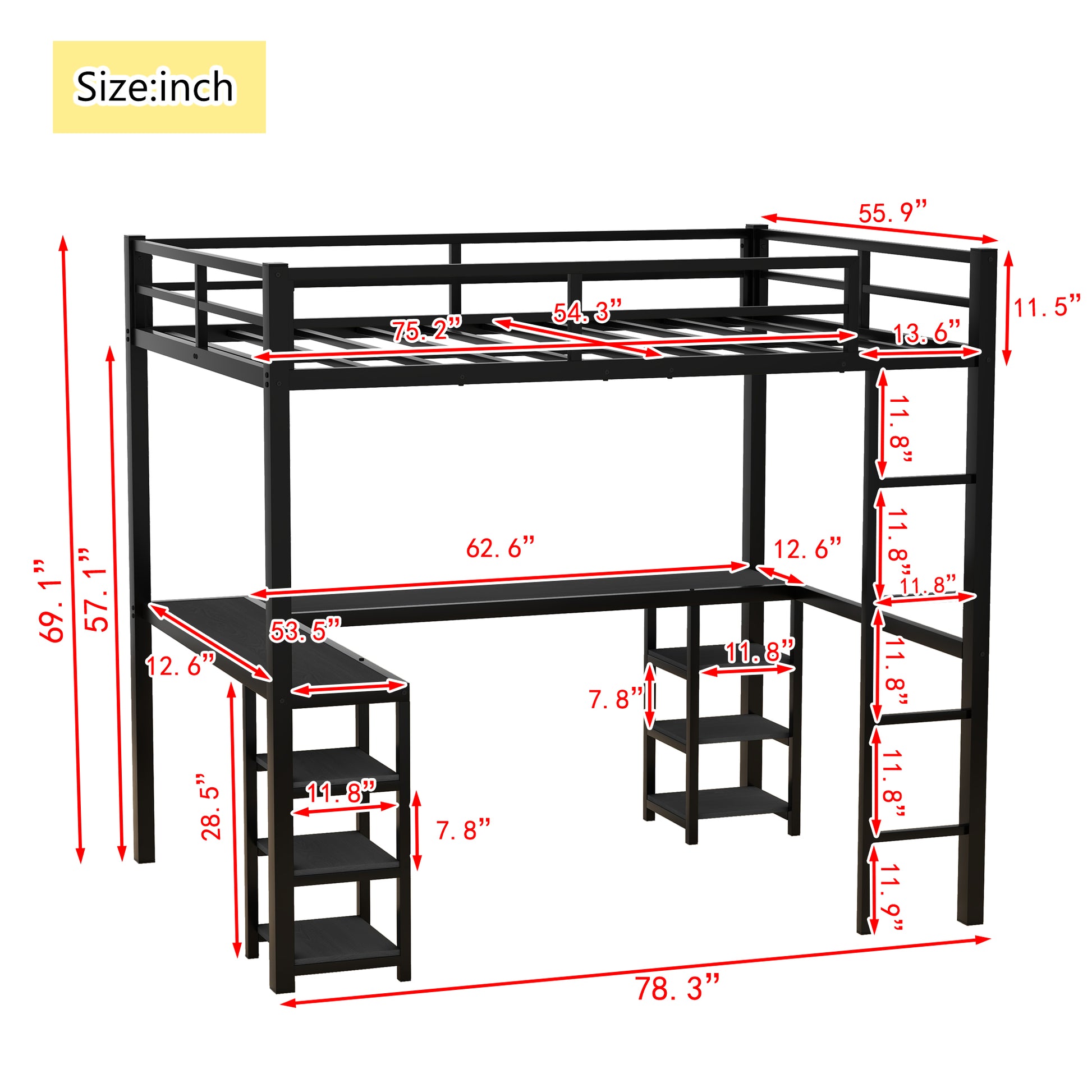 Full Metal Loft Bed With Desk And Shelves, Loft Bed With Ladder And Guardrails, Loft Bed Frame For Bedroom, Black With Black Desk Full Black Metal