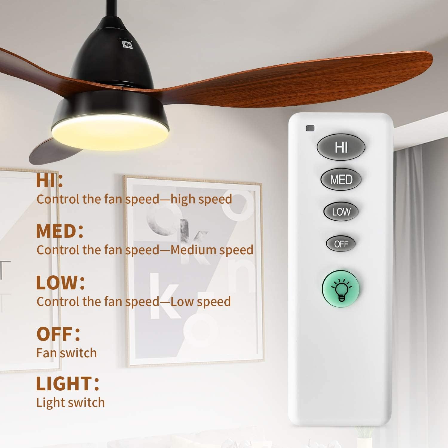 52 Inch Ceiling Fan With Led Light And Remote Control, 3 Speed Modes, 2 Rotating Modes, Timer Antique Brown Wood