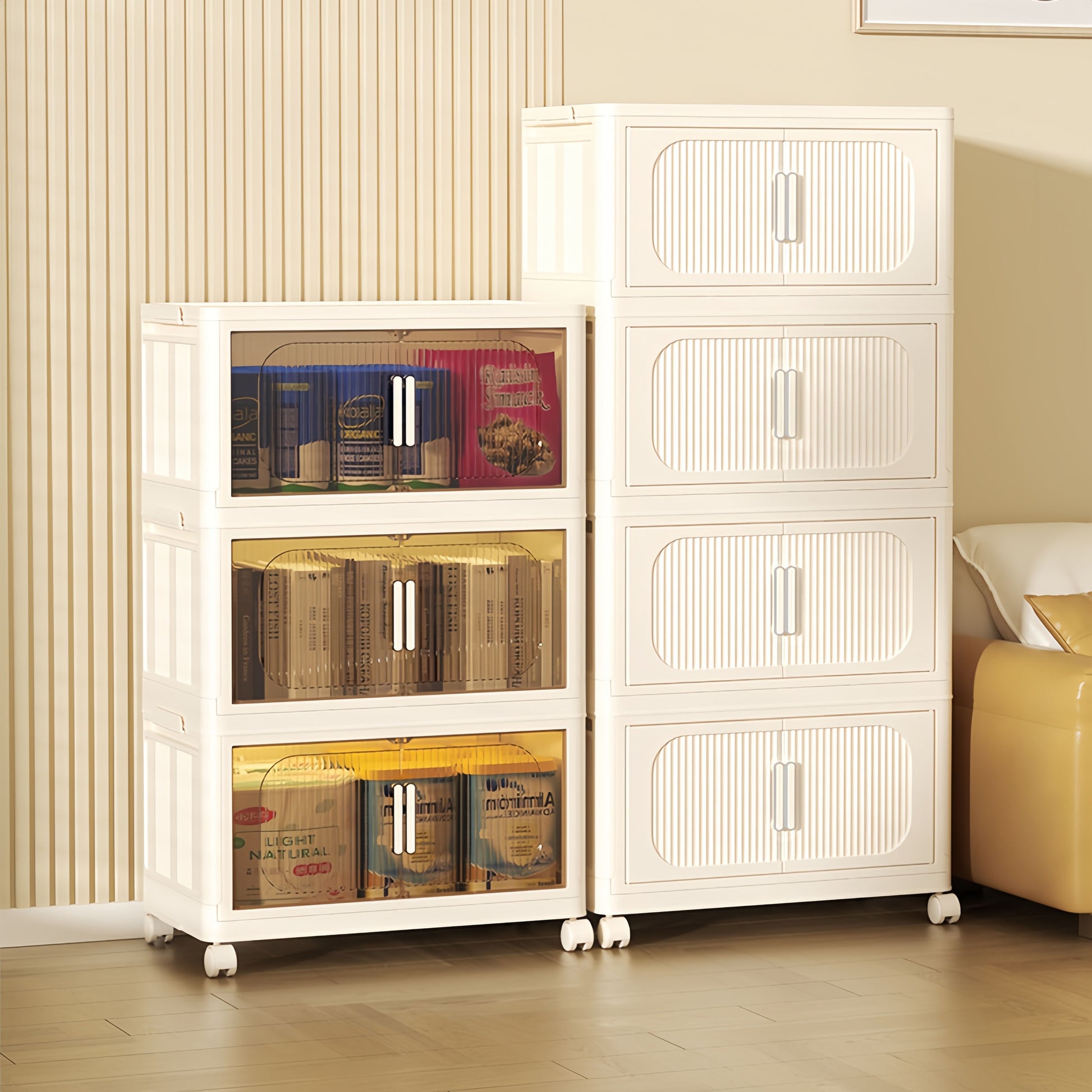 Cream White,19.69" Side Wide Folding Storage Cabinet ,4 Tiers,19.69" 11.81" 40.55",Collapsible Storage Bins With Magnetic Door, Plastic Storage Cabinet With Wheels Cream White Plastic