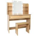 Vanity Desk Set Stool & Dressing Table With Led Lighting Mirror Drawer And Compartments Modern Wood Cosmetic Table Chest Of Drawers Nature Color Natural Wood Particle Board