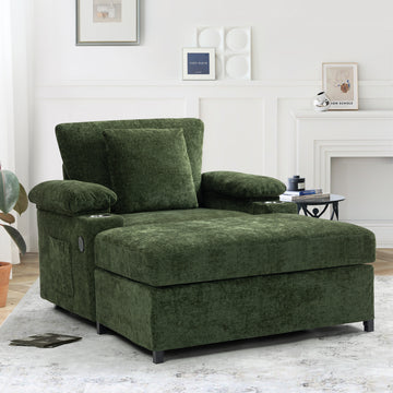 Modern Oversized Chair With Ottoman,Chenille Fabric Sofa Bed,Accent Chair Comfy Sofa With Cupholders And Usb Charging Ports Chair For Living Room,Bedroom,Apartment Green Chenille