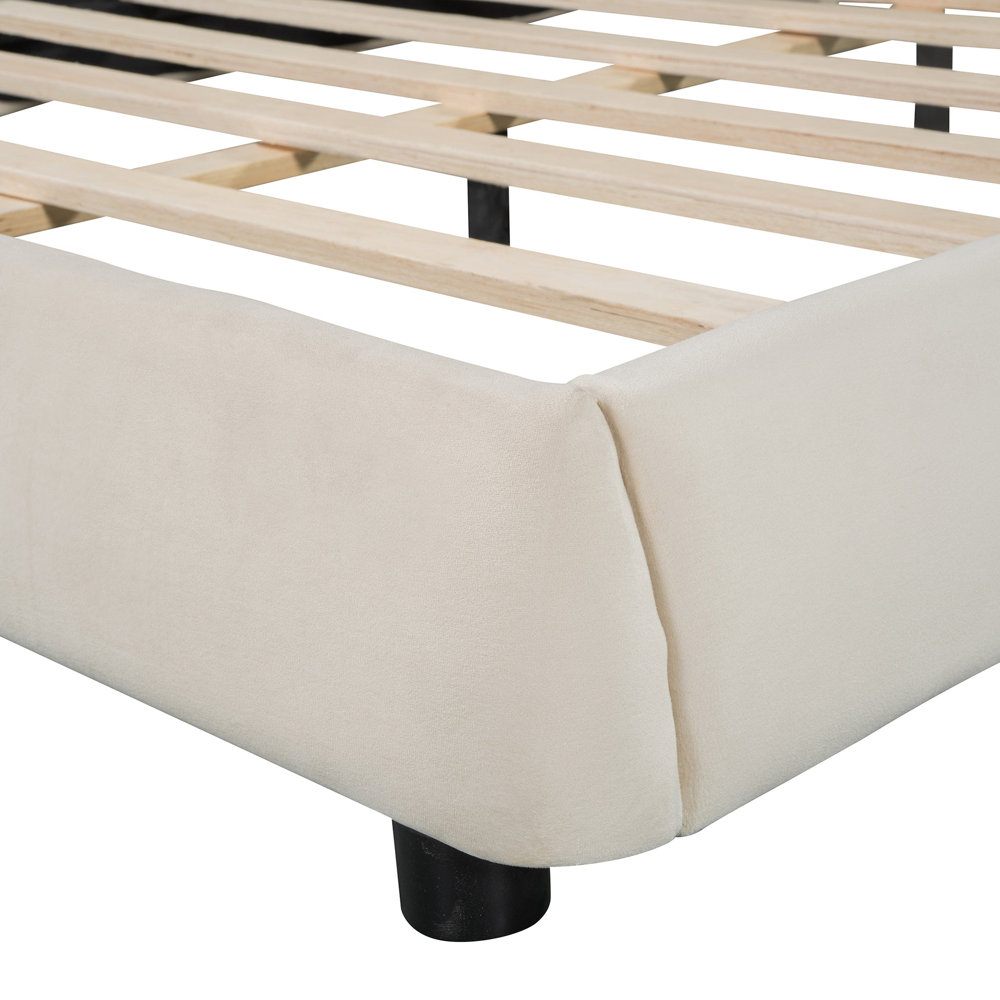 Queen Size Velvet Upholstered Platform Bed,Solid Frame And Stylish Curve Shaped Design, Beige Queen Beige Velvet