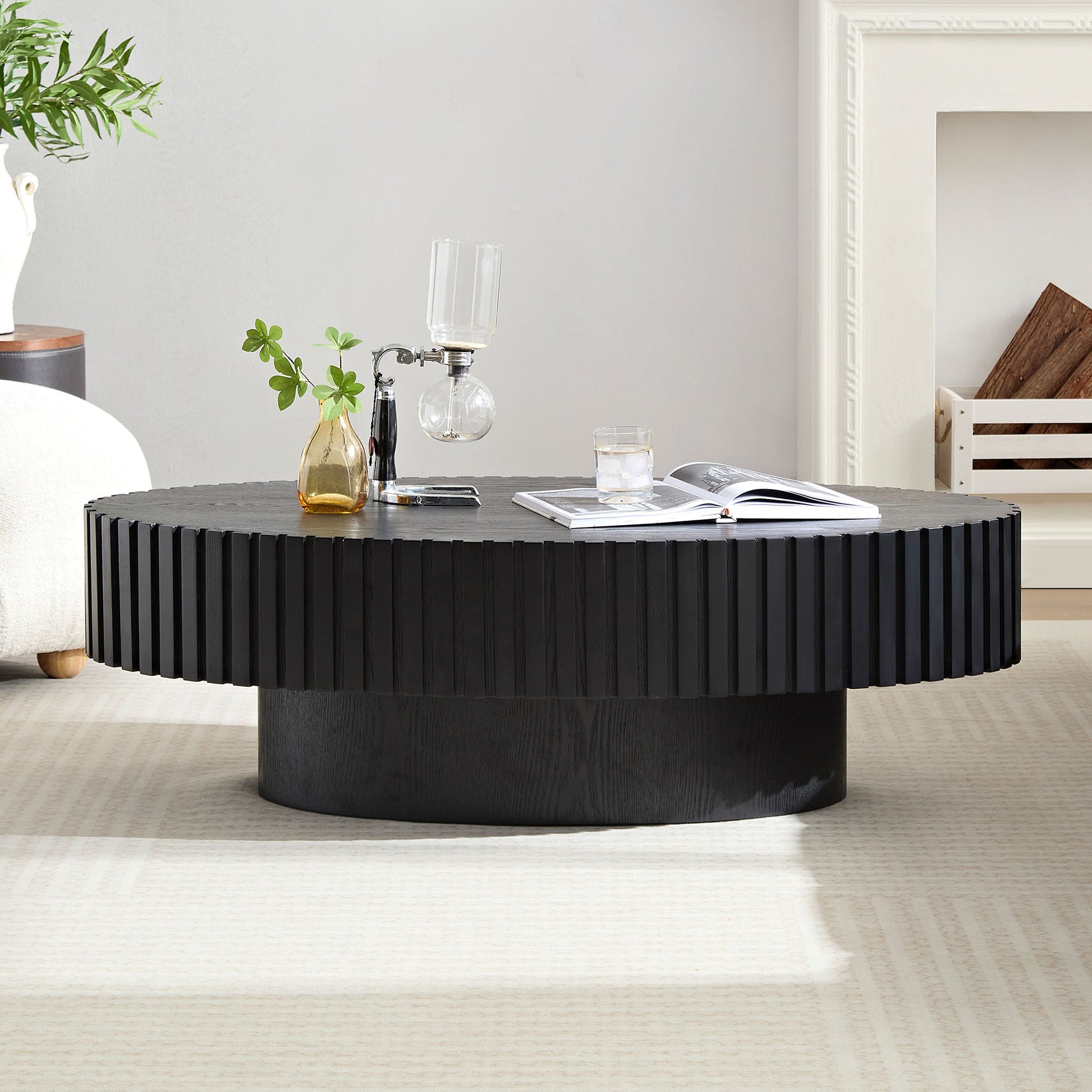 Modern Handcraft Drum Coffee Table Length 43.7 Inch Ellipse Coffee Table For Living Room,Small Coffee Table With Sturdy Pedestal,Black Mdf Matt Black Mdf