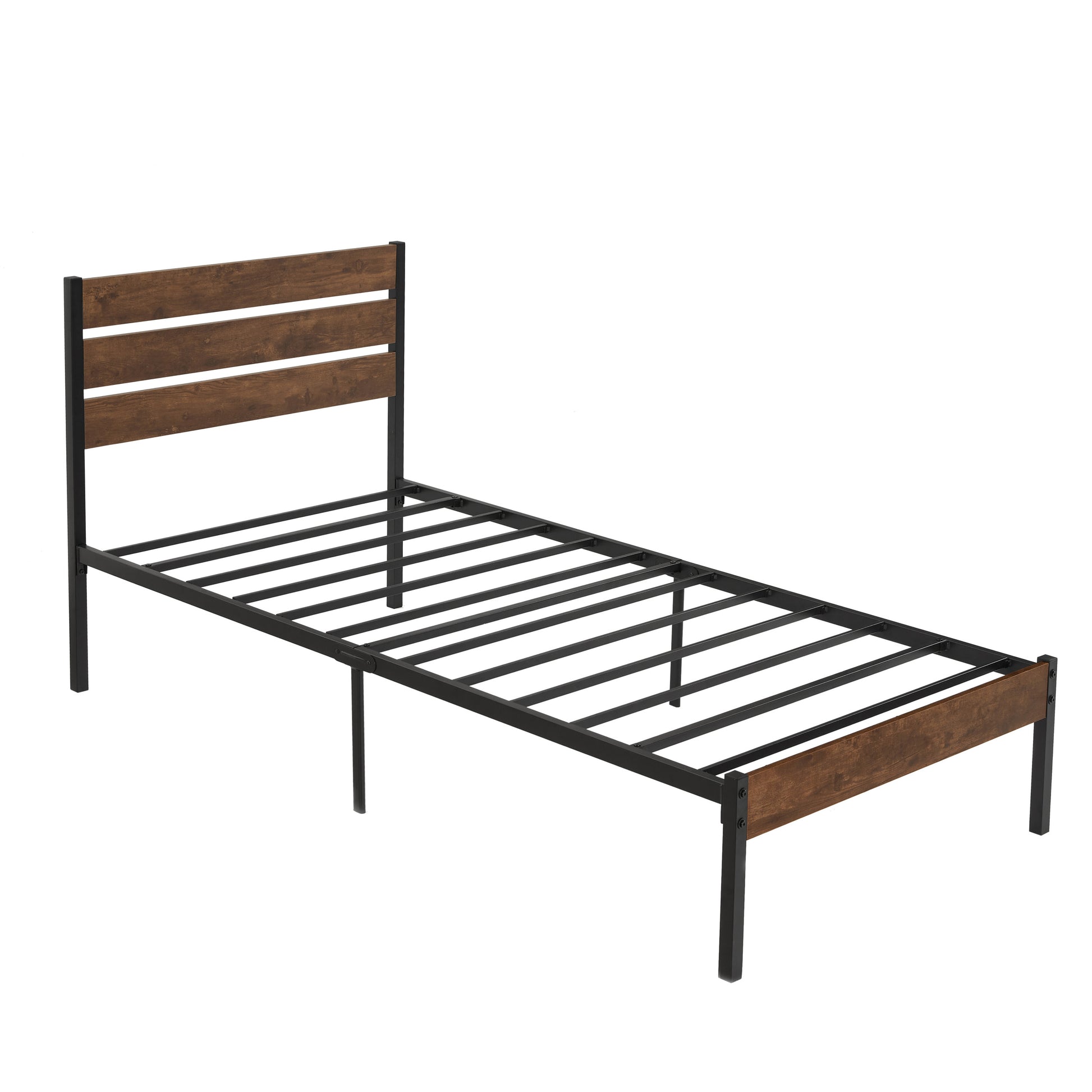 Twin Size Bed Frame With Wood Headboard, Metal Frame With Strong Slats, Noise Free,No Box Spring Needed Brown Twin Brown Metal & Wood