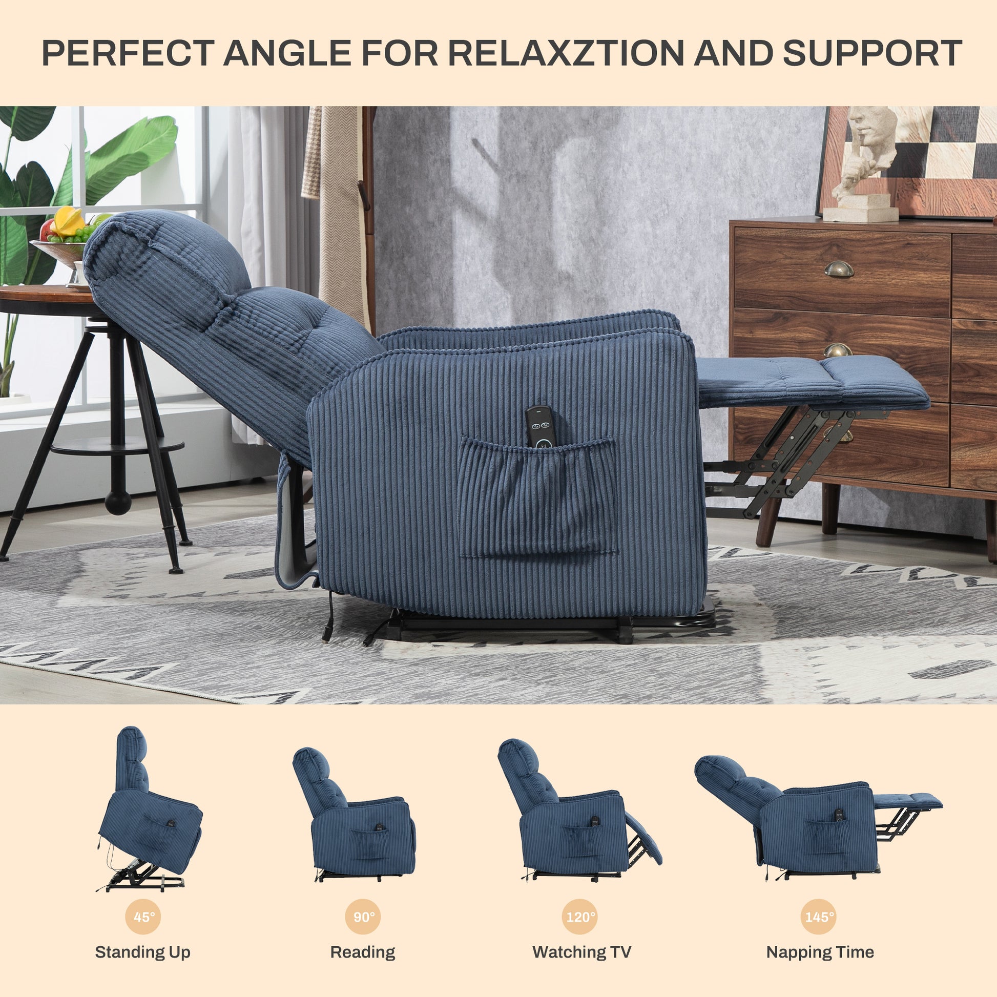 Coolmore Recliner Chair, Electric Recliner Chairs For Adults, Side Pocket Power Reclining Chair Pocket Springs Seat Cushion, Corduroy Fabric Recliner Sofa For Living Room, Bedroom, Home Theater Navy Navy Foam Corduroy