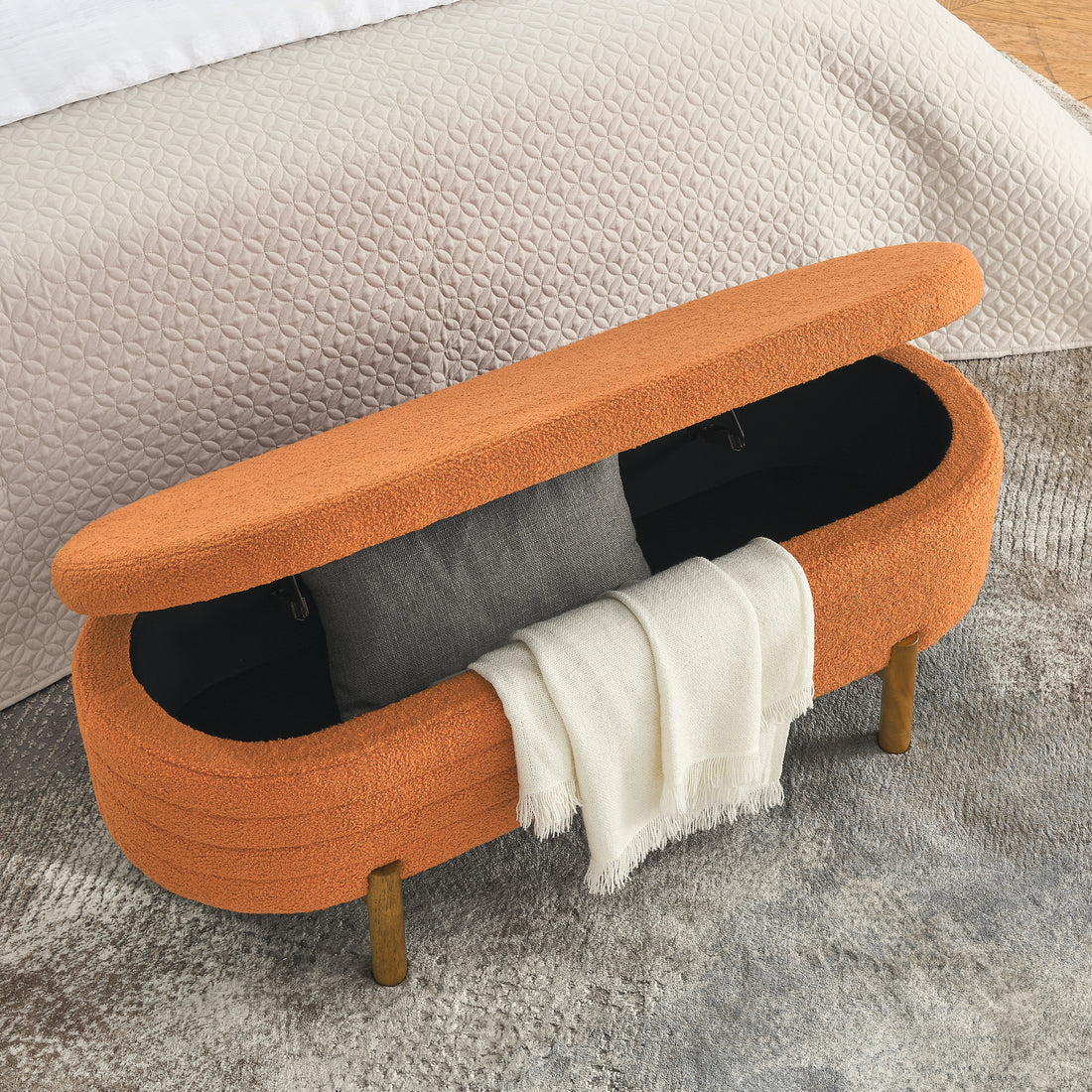 Ottoman Oval Storage Bench,Rubber Wood Leg,Orange 46."X17.7"X10.8" Orange Foam