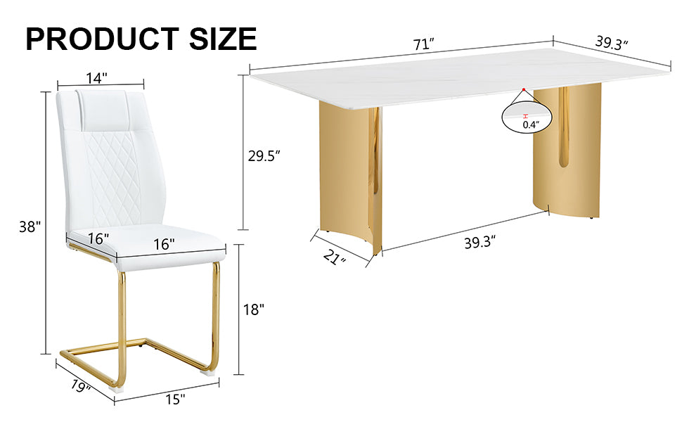 Table And Chair Set.The Table Has A Glass Tabletop With Imitation Marble Pattern Stickers And Stainless Steel Golden Table Legs. Paried With Comfortable Chairs With Pu Seats And Metal Legs. White Gold Seats 8 Glass Metal
