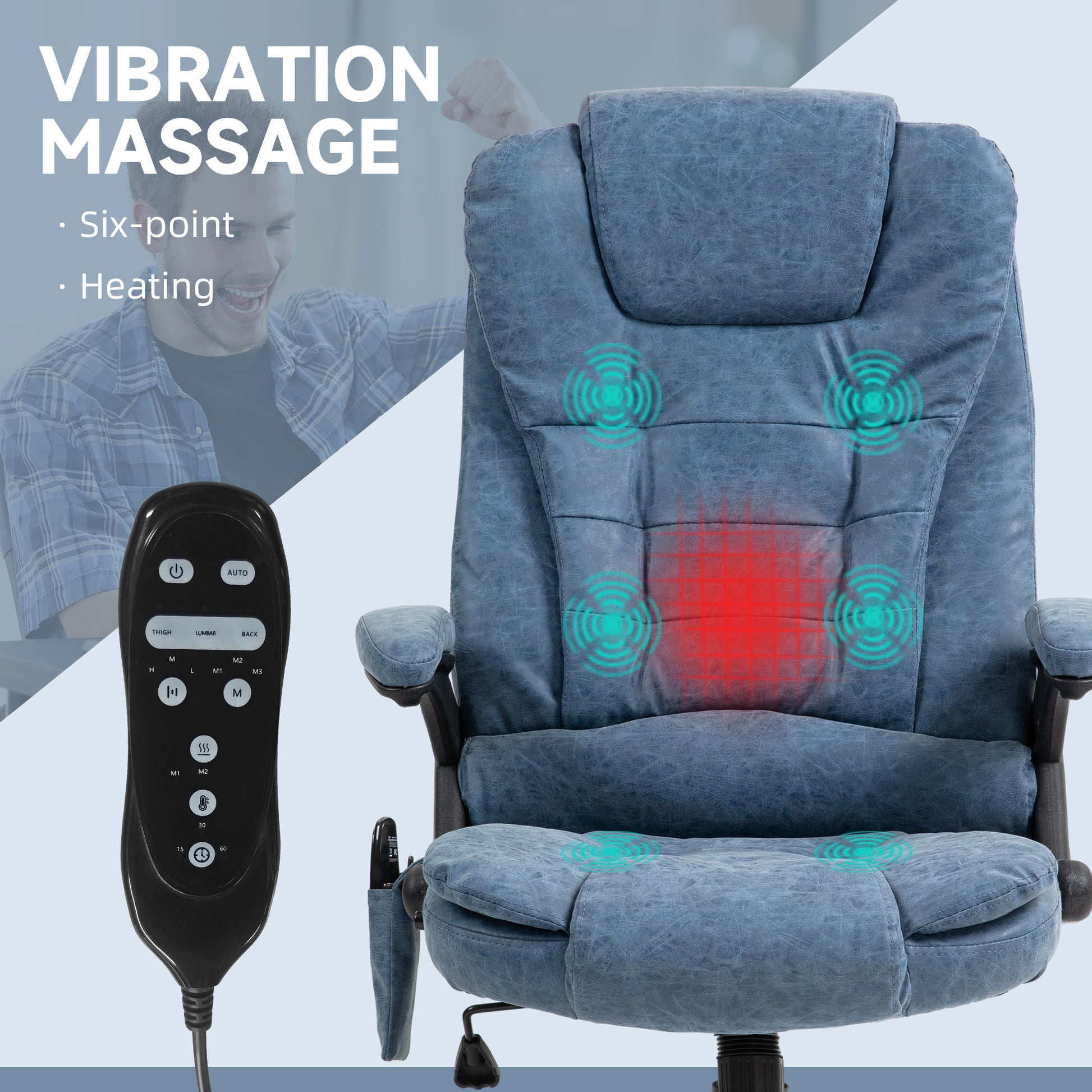 Homcom High Back Vibration Massage Office Chair With 6 Vibration Points, Heated Reclining Pu Leather Computer Chair With Armrest And Remote, Blue Blue Pu