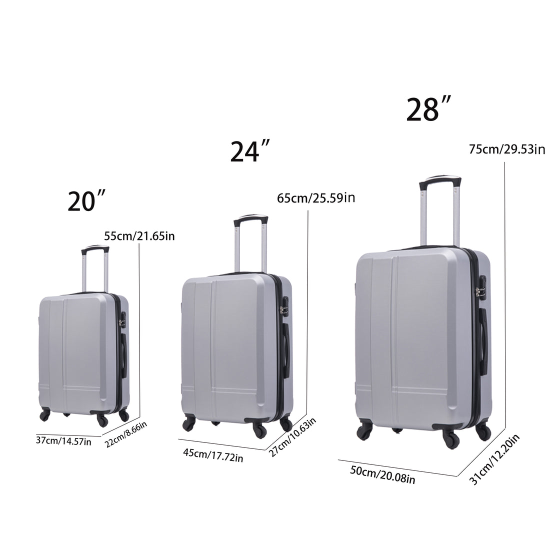 Luggage Set Of 3 Pieces 20 24 28 Luggage Set Wheel Luggage Abs Durable And Lightweight Rotating Hard Shell Luggage Silver Gray Silver Grey Abs