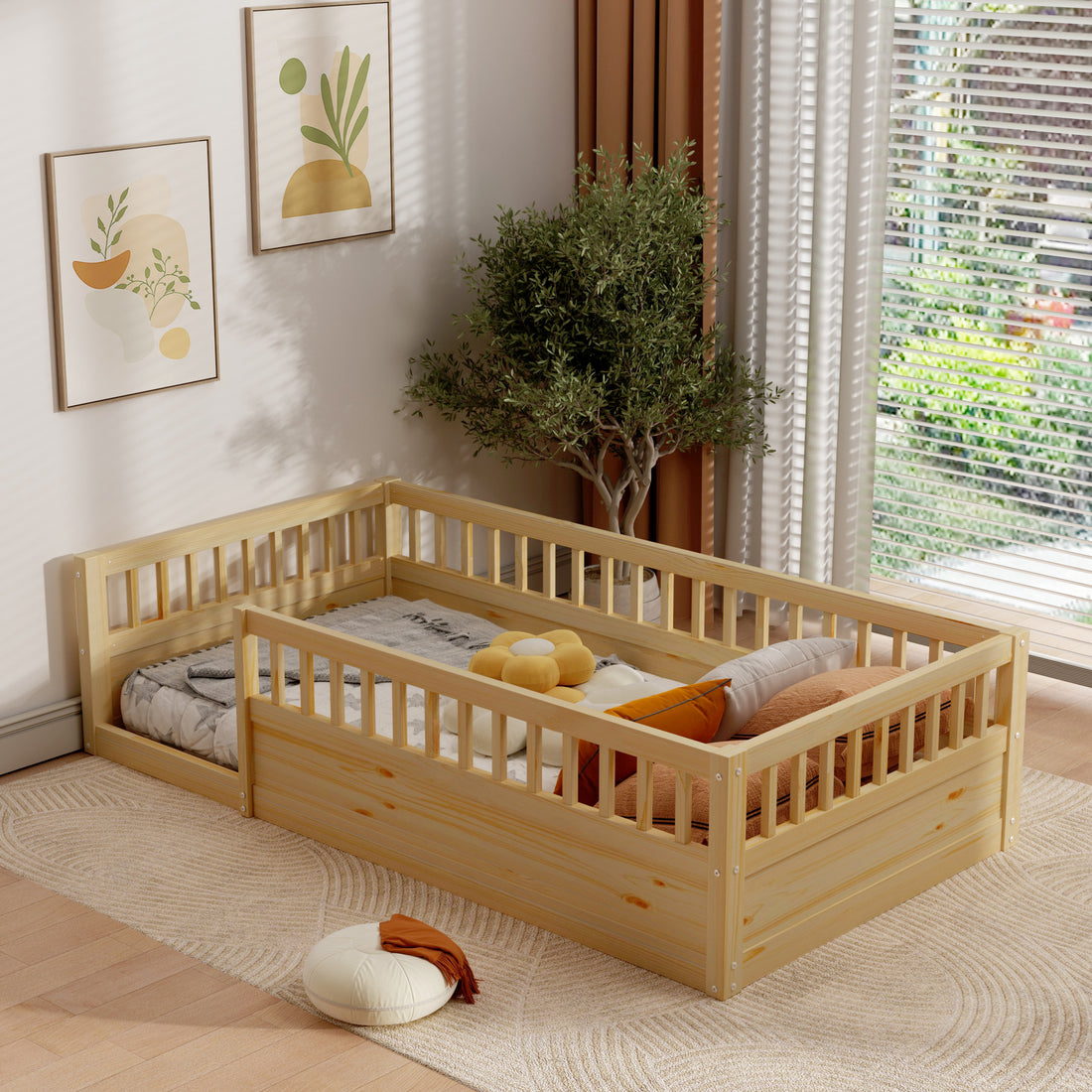 Twin Floor Bed Frame With Fence, Wood Kids Floor Beds Frame For Bedroom Playroom,Natural Expect Arrive Date Jun. 21St Twin Natural Pine