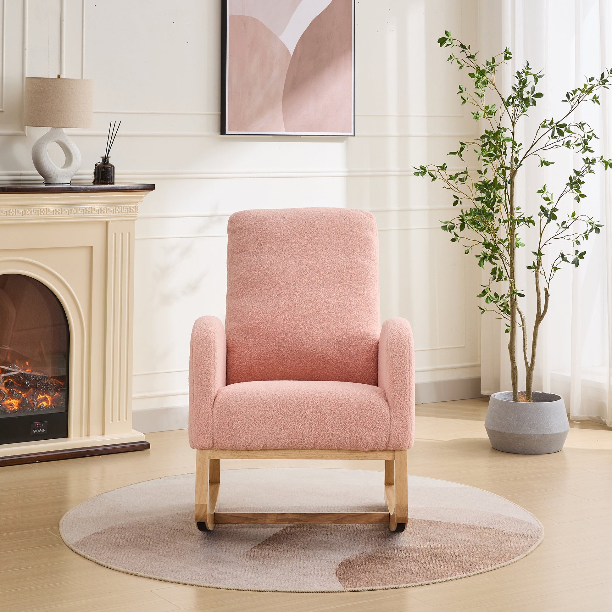 27.2"W Rocking Chair For Nursery, Sherpa Glider Chair With High Back And Side Pocket, Rocking Accent Armchair With Rubber Wood Legs For Living Room Bedroom.Pink Pink Sherpa