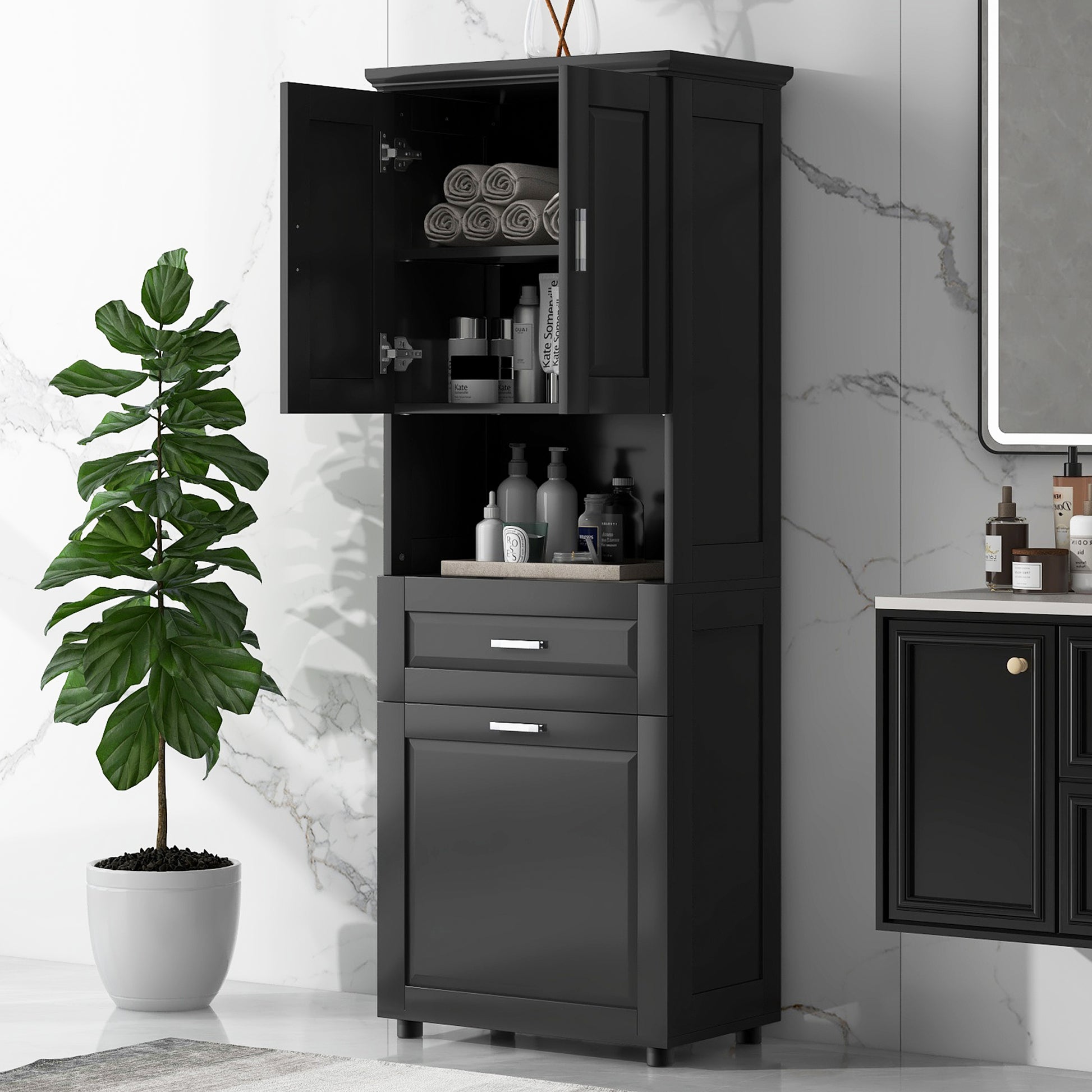 Tall Bathroom Cabinet With Laundry Basket, Large Storage Space Tilt Out Laundry Hamper And Upper Storage Cabinet, Black Black Mdf