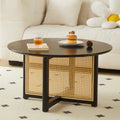 Mid Century Wooden Coffee Table With Pe Cane Stand, 31.5 Inch Round Solid Wood Bohemian Style Coffee Table, Unique Central Cocktail Table For Living Rooms, Apartments And Offices Black Rubber Wood