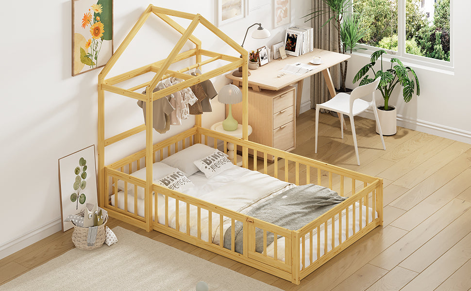 Wooden Floor Bed With Fence Railings And Detachable House Shape Headboard,Full Size Bed With Kids Dress Up Rack, Kids Montessori Style Playhouse Frame For Girls Boys, Natural Full Natural Wood