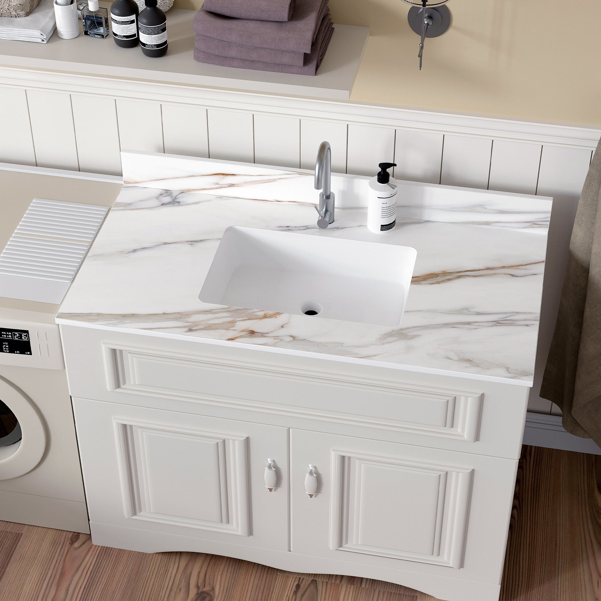 43 Inch Marble Vanity Top, Bathroom Vanity Top With Undermount Rectangular Middle Sink And 4" Height Backsplash, Pre Drilled Faucet Hole Vanity Top, Carrara White With Veins White Marble Bathroom American Design Sintered Stone Sintered Stone