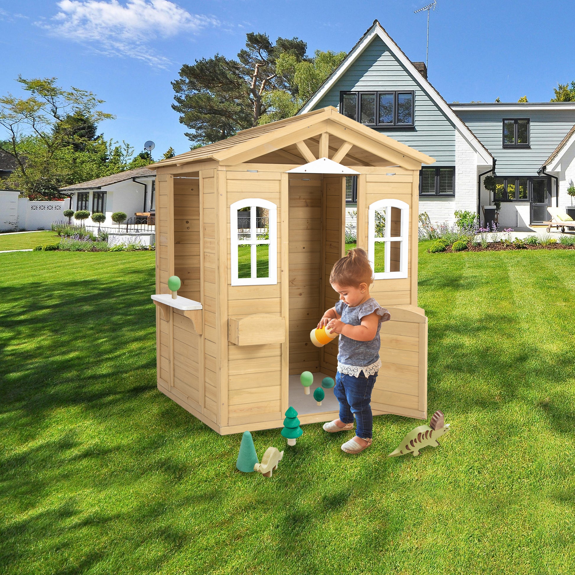 Wooden Playhouse For Kids Outdoor With Working Door, Windows, Mailbox, Flowers Pot Holder, 39" X 38" X 55.5" Natural Solid Wood