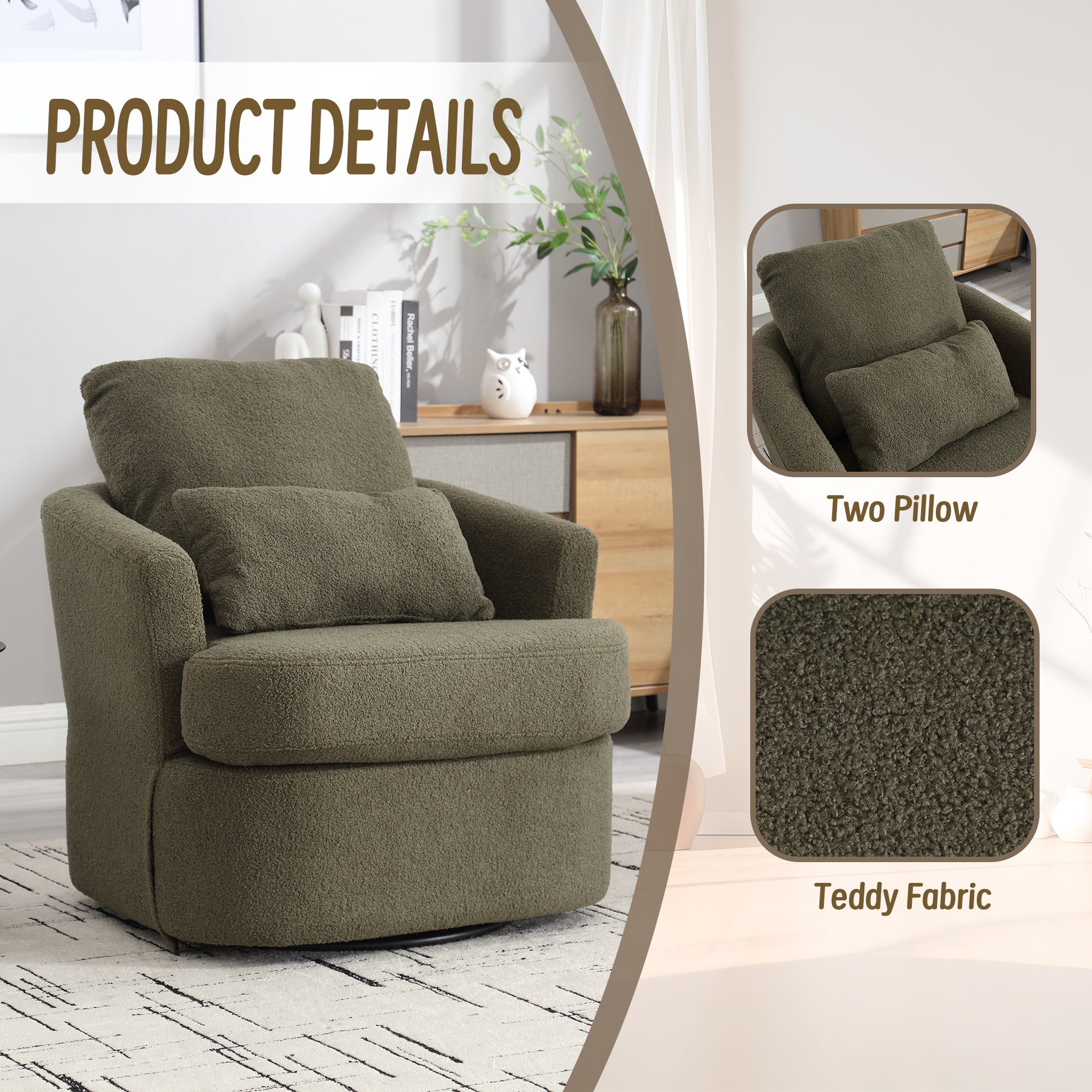 Coolmore Swivel Barrel Chair, Comfy Round Accent Sofa Chair For Living Room, 360 Degree Swivel Barrel Club Chair, Leisure Arm Chair For Nursery, Hotel, Bedroom, Office, Lounge Green Teddy Green