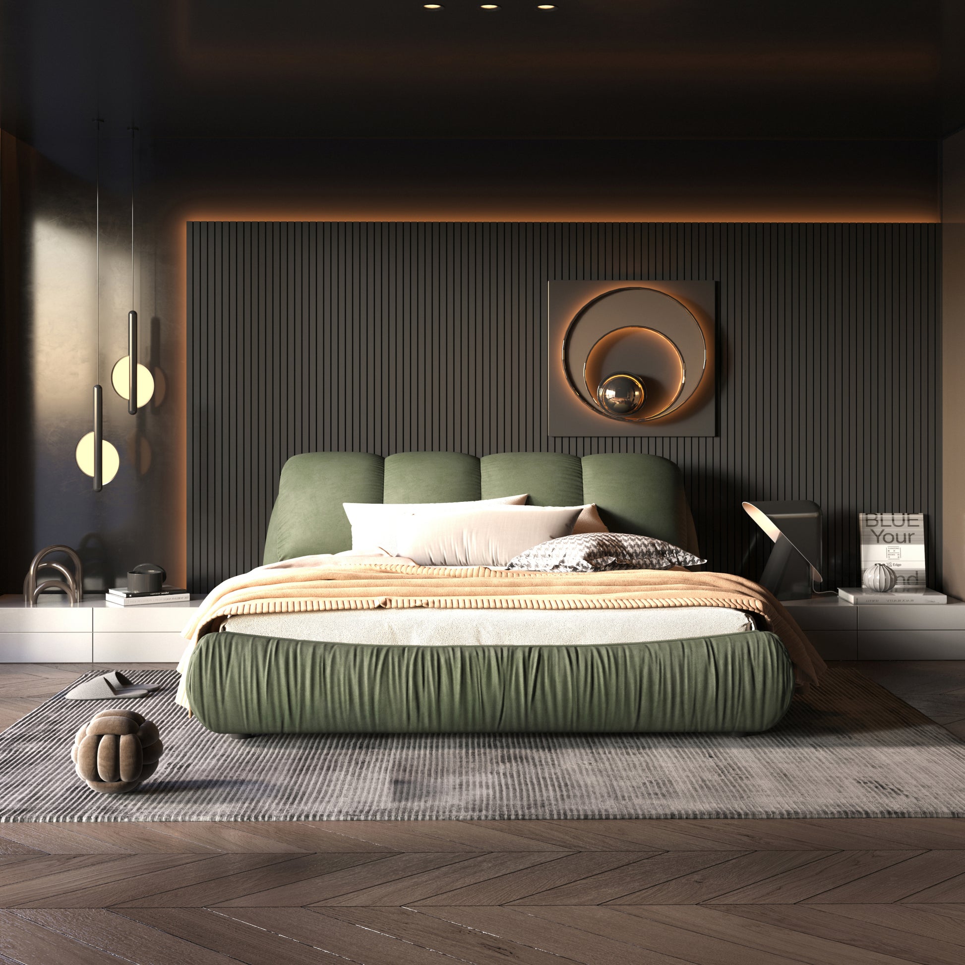 Queen Size Luxury Upholstered Platform Bed With Oversized Padded Backrest And Solid Wood Frame,Suitable For Multiple Heights Of Mattresses,Green Old Sku:W1885S00018 Box Spring Not Required Queen Green Wood Pine Solid Wood
