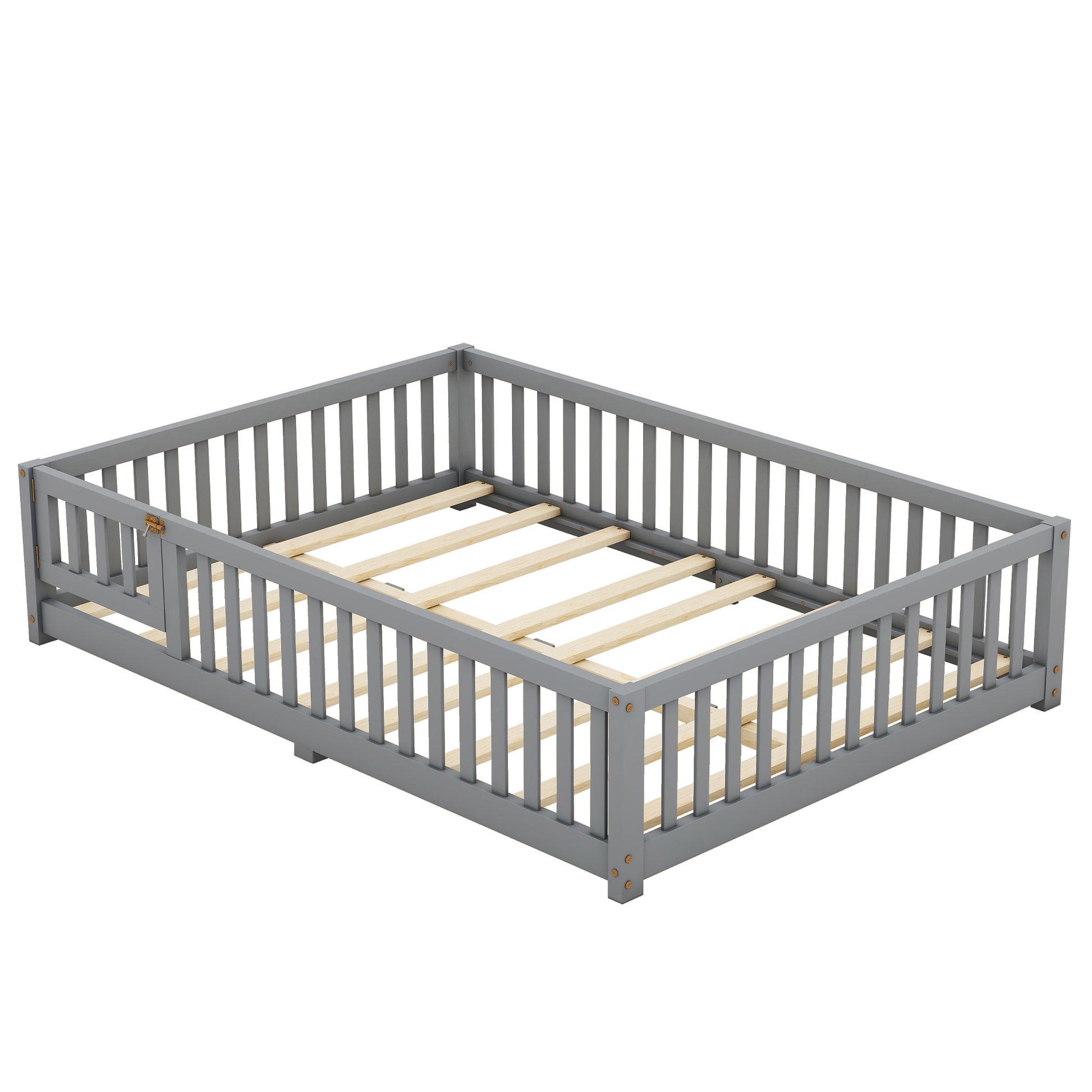 Full Size Bed Floor Bed With Safety Guardrails And Door For Kids, Gray Old Sku: W158090691 Full Gray Pine